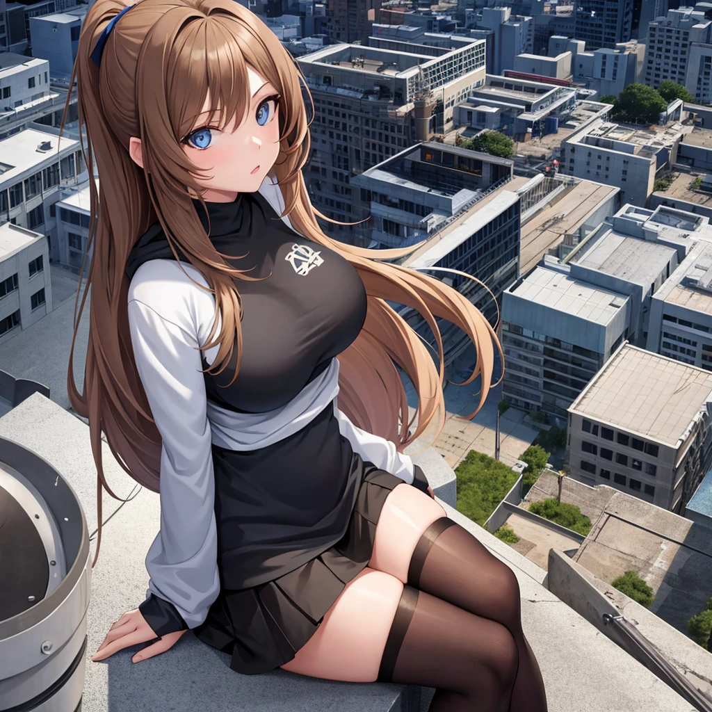 game , Nikke, the goddess of victory, Neat , Light brown hair,  Captivating eyes ,beautiful face , Crystal Red Eye ,  Long Hair, V-neck shirt , Red Shirt, pants leggings , Bright Eyes, ,G-cup breasts, Narrow waist, Plump thighs, Barefoot, 5 fingers on each hand, both hands ,2 Foot , city, date, Sit down, Are standing, beautiful, High heels