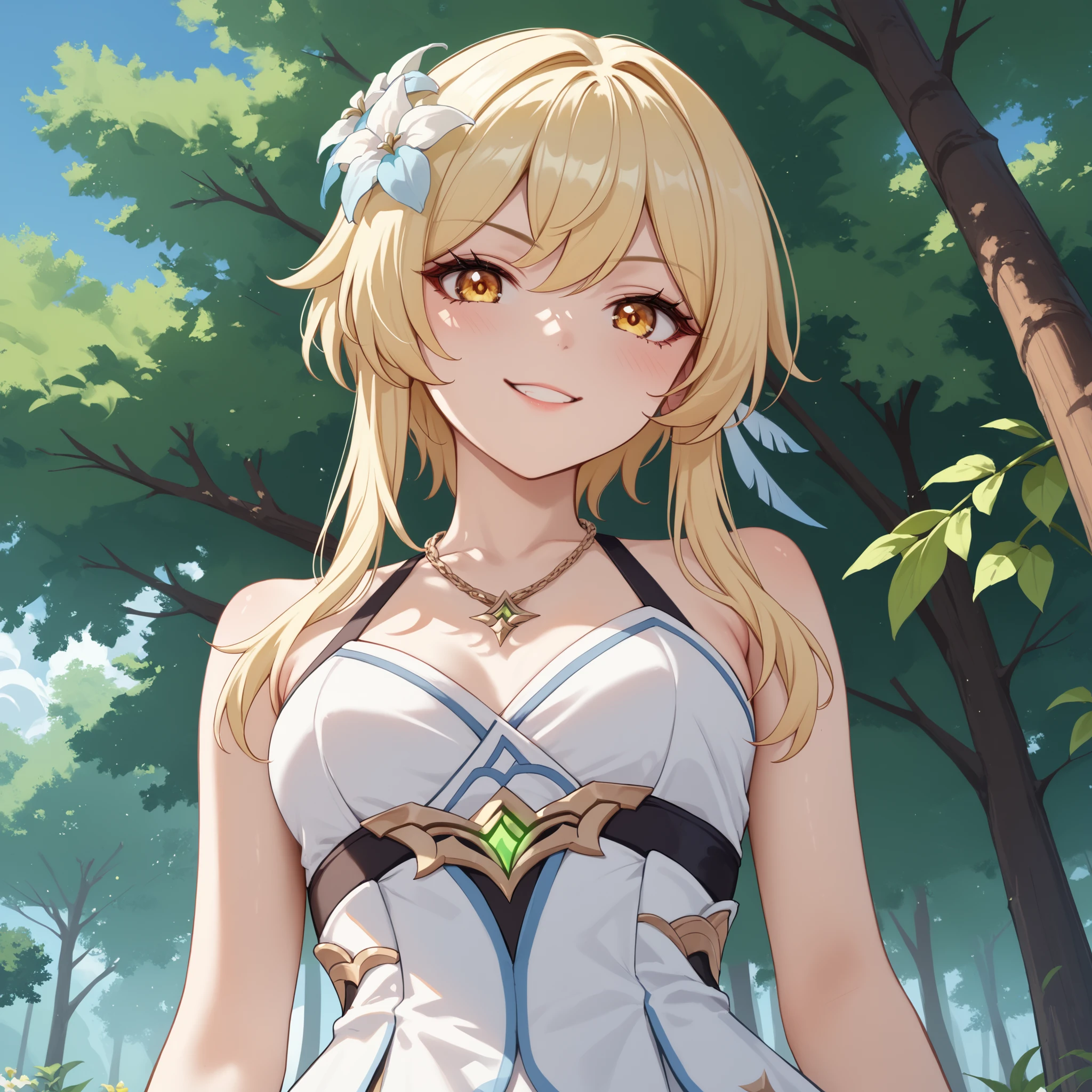 european 1girl, young, petite, short, sexy, seductive pose, standing, lumine genshin impact, lumine clothes, masterpiece, high resolution, from below, yellow eyes, looking at viewer, looking down at viewer, mean, confident, seductive smirk, deceitful, flower hair ornament, gold clothe ornaments, white dress, blond hair, silk clothings, close view of neck, centered around neck, close up of necklace, outdoor, day, clear sky, pine forest landscape, summer
