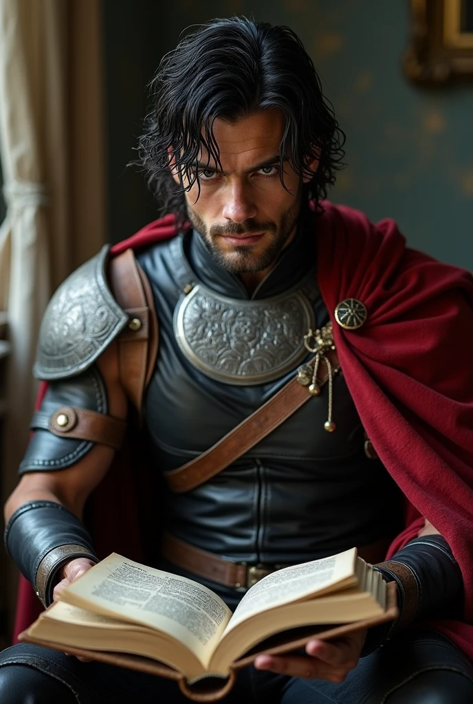 a photo of ashwll man wearing mail armor,cinematic,film grain,full body shot,reading the necronomicon book