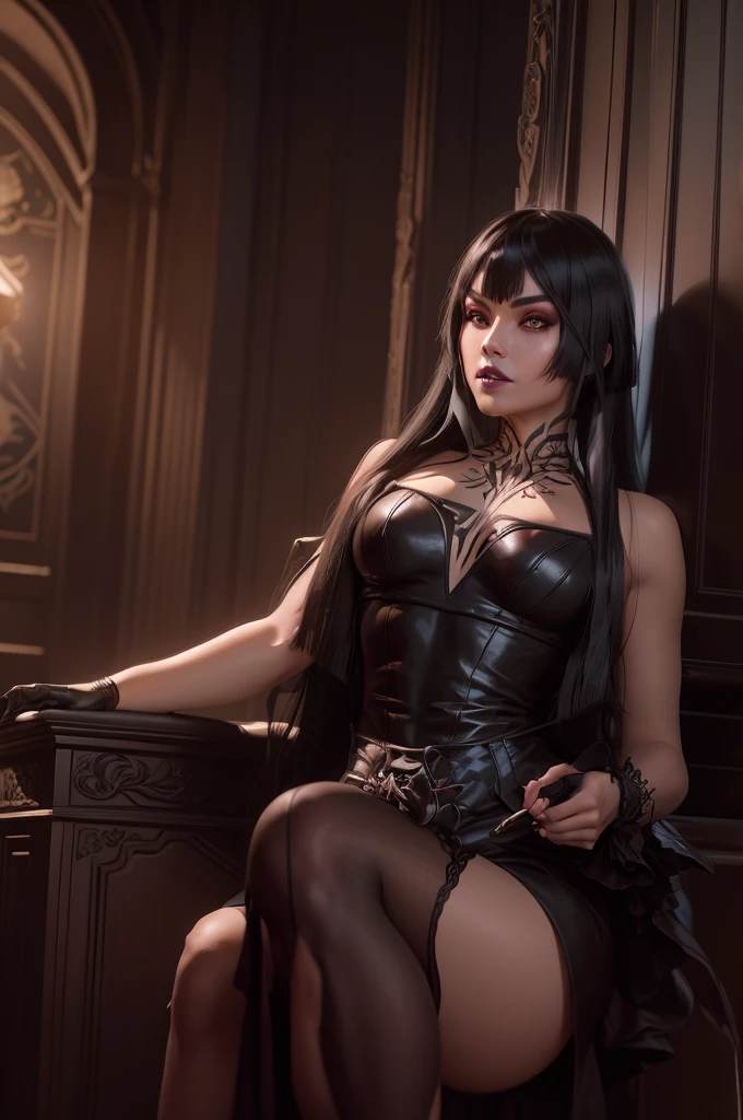 There is beautiful vampire girl sitting in the middle of throneroom on the huge gothic throne in ellegant pose, she have black and white hair bloodshot eyes blood red lips dressed in gorgeous long black with burgundy red dress with leather streps on top side and ruby jewellery and red rose tatoo on her arm, swarm of red bats fly above her, girl elegantly holding glass of red wine, high quality anime art, masterpiece, beatiful high quality face, detailed high quality face, full body size, realistic anime art, 8k top quality , detailed anime art