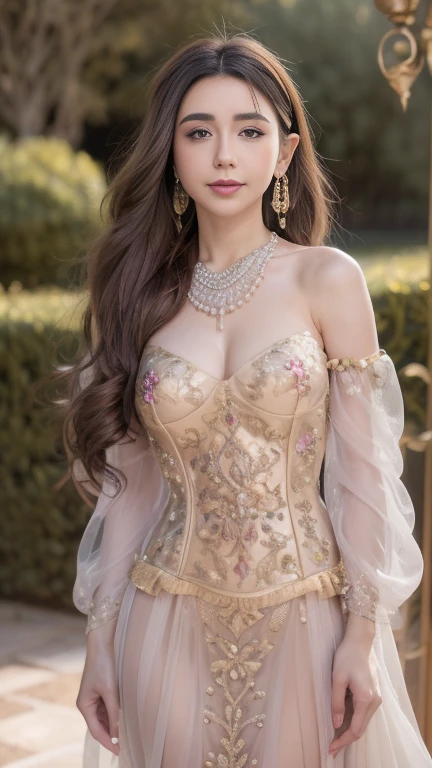an image featuring a Mexican girl dressed in a magnificent haute couture quinceañera ball gown with a floral waist belt. The gown she wears is a shade pastel pink, adorned with layers of tulle ruffles, shimmering rhinestones, and intricate gold lace and filigree details. A wide waist belt adorned with fabric flowers cinches her waist and adds a pop of color and texture. Poised elegantly within the luxurious interior of a castle, dramatic cinematic lighting casts enchanting shadows, enhancing her allure. Crystal chandeliers hang delicately from above, casting a warm glow onto the marble floors below. The ornate stairwell adds to the castle's charm. Captured using an 80mm lens on a Sony A7 IV camera, the horizontal image captures the girl's entire form, showcasing the splendor of her haute couture ensemble , (skin dents: 1.5), realistic, realistic, (masterpiece: 1.5), concept art, intricate details, highly detailed, octane rendering, 8k , Unreal Engine, Dynamic Pose, Best Quality, High Resolution, ((Theatic)), Epic, Depth of Field, , Particle, (Realistic Face:1.1, Surreal:1.1), ((1 Girl, Close Up, Medium Tits, Perfect Eyes, Detailed Eyes, High Quality Eyes, High Quality Eyes perfect_face, High Quality Eyes, High Quality Eyes, Shiny Skin: 1.2, Shiny Face: 1.2, Embarrassment, Blushing: 0.8)),Wide-Angle, close-up, god rays, depth of field, chiaroscuro, cinematic lighting, high detail, Verism, UHD, masterpiece, acurate, super detail, high details, high quality, highres, best quality, award winning, 16k