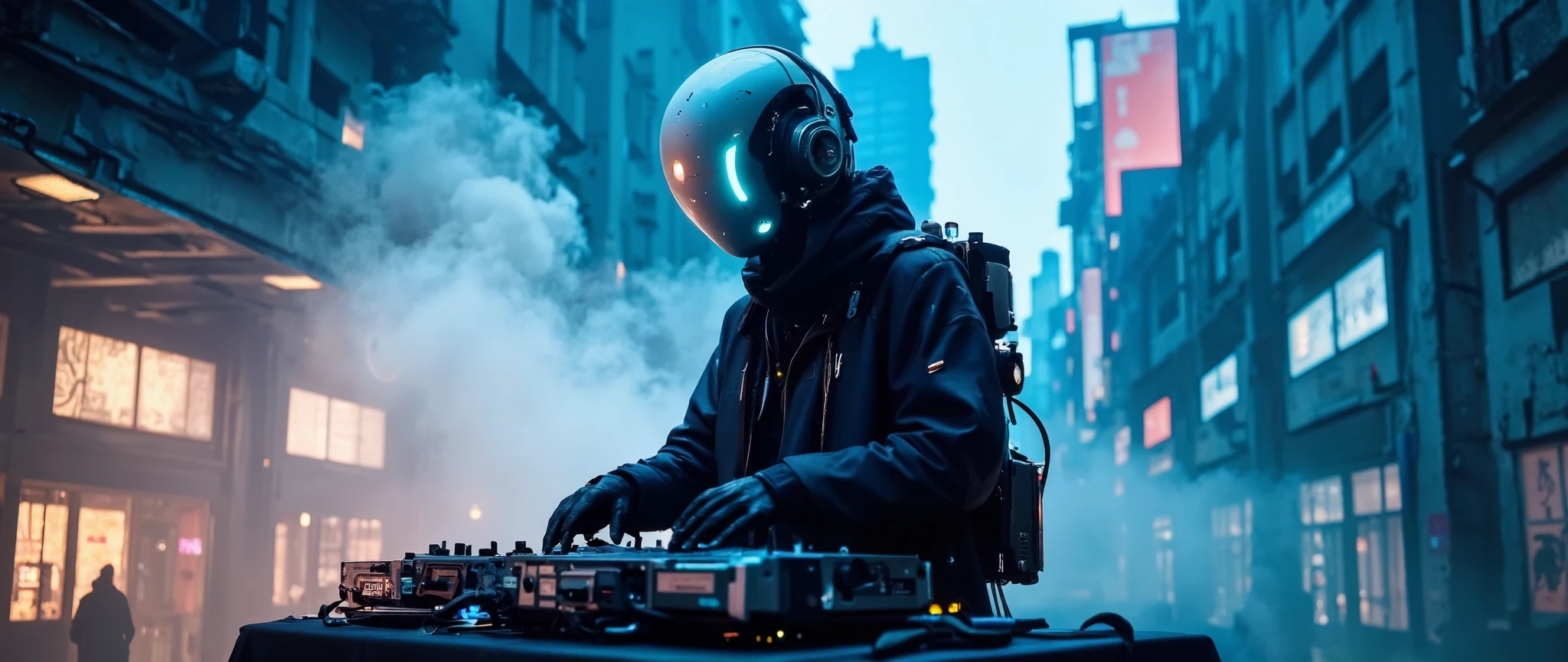 Recypu style, CyberpunkStyle: Cyberpunk highly detailed, high-resolution photograph. A futuristic, armored robotic DJ in a decadent and vibrant urban setting. The subject's head is covered by a sleek, metallic helmet that obscures the face, giving an imposing robotic appearance. The helmet is adorned with various sensors and neon blue flux core lights, suggesting advanced technology. The DJ's body is clad in a full suit of high-tech armor, primarily made of a mix of metal and synthetic materials. The armor is highly detailed with intricate circuits, joints, and mechanical components, indicating an advanced fusion of robotics and cybernetics. The suit is predominantly black with hints of dark gray and silver, and is adorned with luminous panels, data screens, and fiber optic cables that pulse with the music. The DJ's hands are busy manipulating a floating holographic mixing console, with multiple neon-lit buttons and sliders. On their back, instead of a weapon, they carry a complex system of modular synthesizers and samplers. The background stage shows an industrial urban environment with blurred metallic structures, flickering neon lights, and a dense atmosphere of smoke and fog, emphasizing the cyberpunk and post-apocalyptic setting. The lighting is dramatic, with spotlights and strobes highlighting the details of the armor and console. The overall mood is energetic, futuristic, and full of rhythm. DJ-Sentinelbot. Apocalypse-Rhythmic. sentinelbot. apoclypse