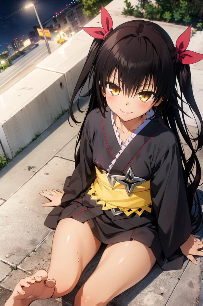 1girl, aster nemesis, dark-skinned female, black hair, very long hair, yellow eyes, flat chest kimono, obi, ribbon, twin tails, looking at viewer, outdoors, city, night, smile, ,sitting on ground,,(nsfw),8yo,bare foot,from above