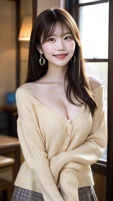 (Ultra Real), (Illustration), (High Resolution), (8K), (Very Detailed), (Best Illustration), (Beautiful and Detailed Eyes), (Best Quality), (Ultra Detailed), (Masterpiece), (Wallpaper), (Detailed Face), Solo, One Girl, Full Body, Staring Viewer, Fine Eyes and Mouth, Detailed Face and Hands, Bar Counter, In the Dark, Low Key, pureerosfaceace_v1, Smile, Long Hair, dark blonde wavy hair, bangs, sitting deeply on the sofa, beautiful teeth, blushing cheeks, enchanted expression, dark blue loose off-shoulder clothes, mini skirt, earrings, necklace, black tights, cleavage, open legs, Nogizaka idol, Korean idol, actress, gravure idol