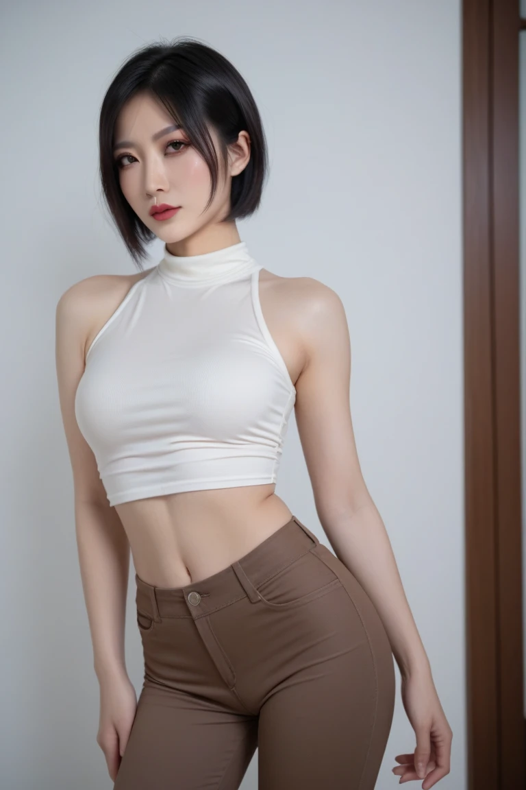 (masterpiece: 1.3), (8k, photorealistic, RAW photo, highest quality: 1.4), (1girl), beautiful face, (realistic face), (black hair, short hair: 1.3), beautiful hairstyle, realistic eyes , Beautiful detailed eyes, (realistic skin), beautiful skin, (sweater), absurd, attractive, ultra-high resolution, ultra-realistic, high-definition, golden ratio, (cameltoe: 1.2), warm underwear, thin waist, delicate slim body, small shoulders