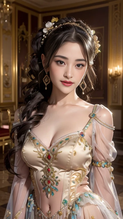 Rococo period painting、watercolor paiting、Gentle queen with gray hair、Good body shape、Kings of the Middle Ages、putting on a crown、Dresses of the Rococo era、Angel Smile、huge-breasted、Detailed upper body