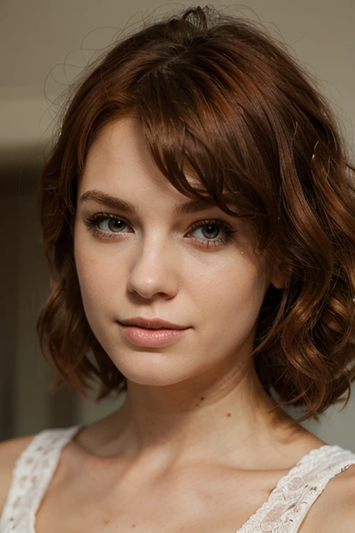 An eight year old redhead girl with short curly hair and green eyes behind 
