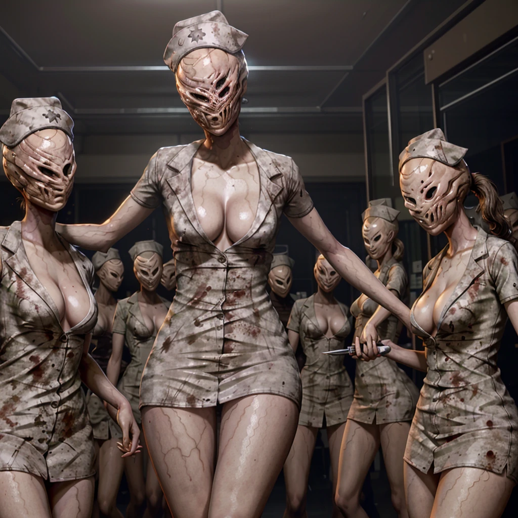 (NSFW:1.2, masterpiece, best quality)
SilentHillNurse, 1girl, multiple girls, hat, dress, holding, 2girls, cleavage, medium breasts, nipples, faceless female, weapon, blood, mask, short dress, knife, faceless, nurse cap, holding knife, nurse, no eyes, horror \(theme\)