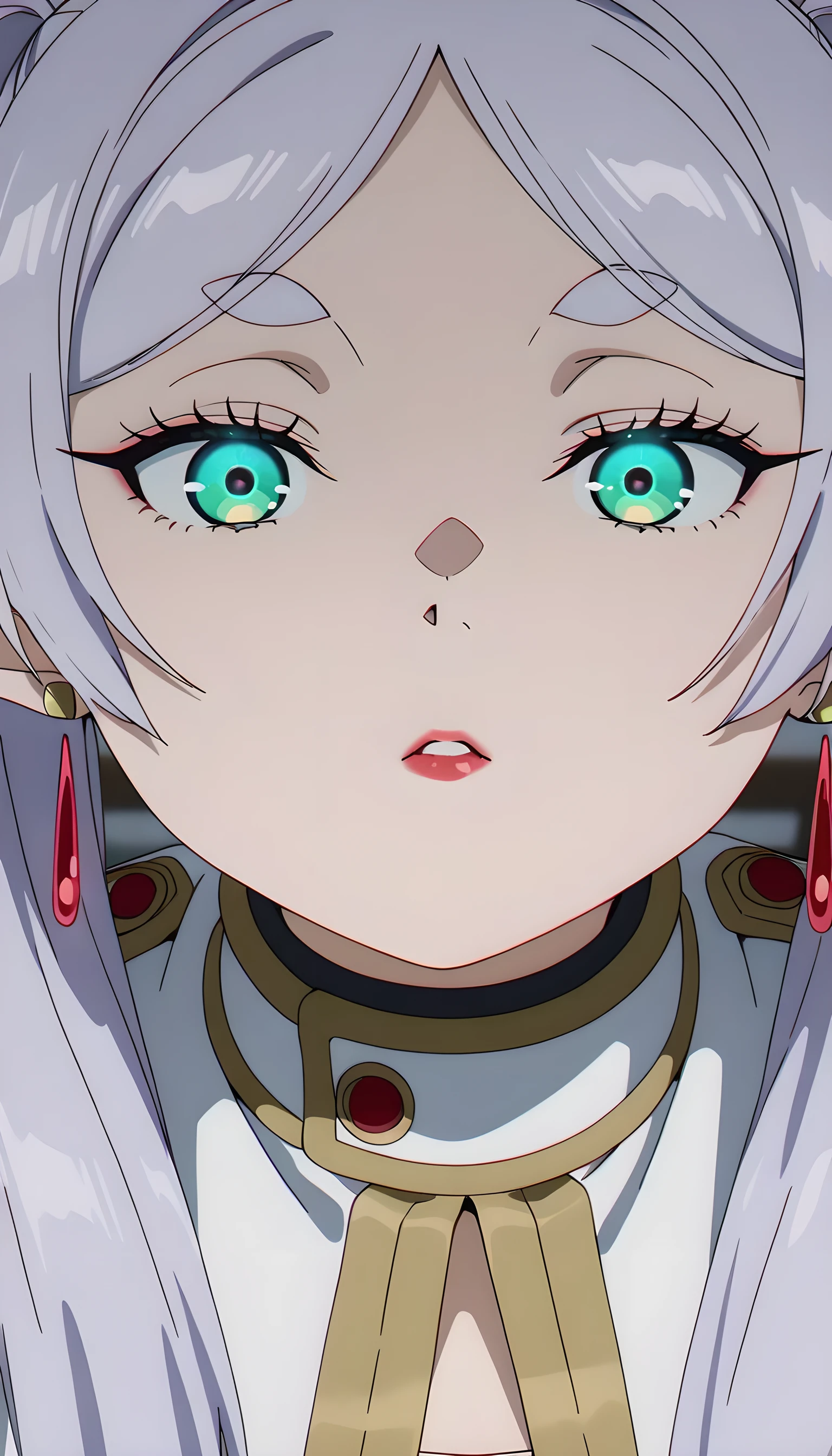 masterpiece, best quality, newest, absurdres, highres, detailed eyes, multicoloured eyes, blue eyes, beautiful, blurred background, anime coloring, anime screencap, 1girl, solo, frieren, elf, pointy ears, grey hair, long hair, twintails, earrings, silver hair, white hair, green eyes, white capelet, simple background, white background, close up, close-up, detailed face, red lips, (milf), emotionless, shining earrings, colored lips, glowing eyes, dick, penis, pov