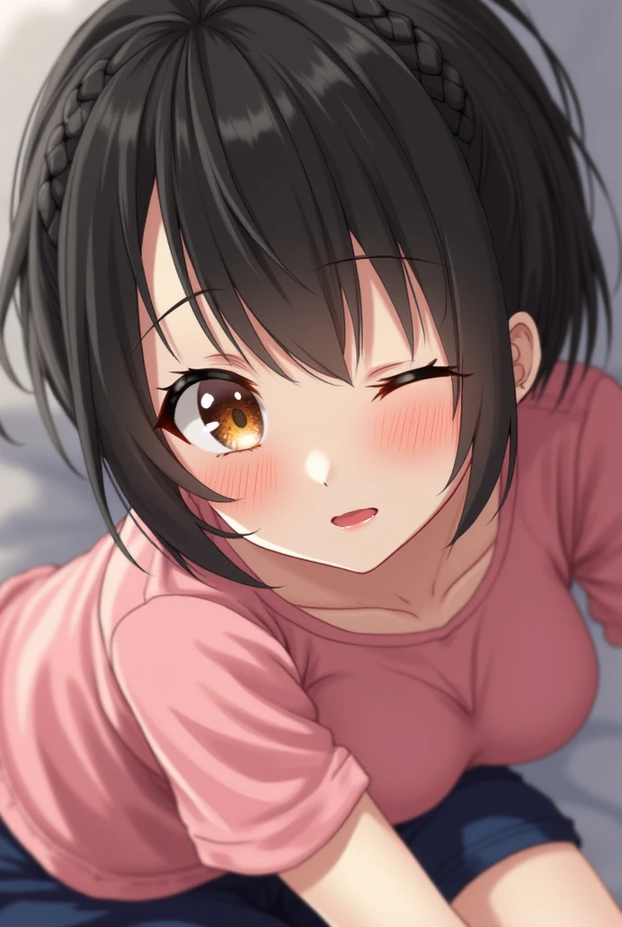 (head shot:1.2), (from above:1.2), frame in, from right in front of face and body, view straight on, upper body, High quality, very high res, High quality, very high res, cute girl, brown hair, forehead, blunt bangs, bob cut, blush, Brushed up bangs, wearing a plain t-shirt, shirt lift, medium breasts, pale pink nipples, I can see your belly button, (kneeling down pose), (a lot of cum on face:1.3), (cum in hair:1.2), pleated skirt, at office