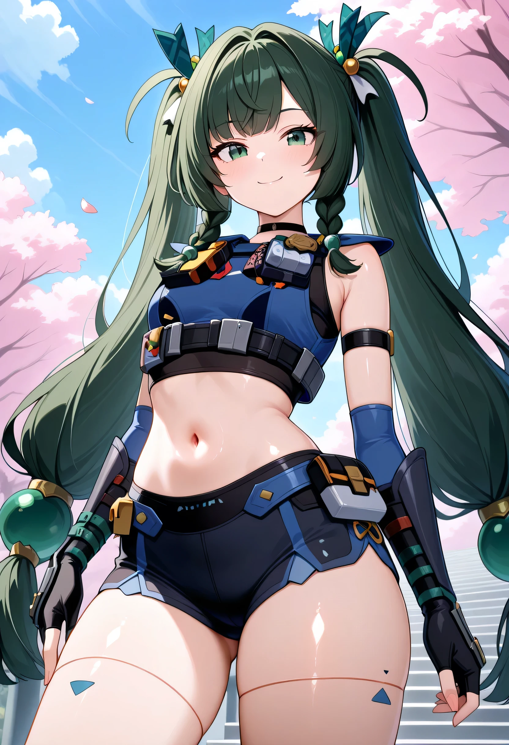 masterpiece,best quality,absurdres, amazing quality, shiny skin
park, cherry blossoms, cowboy shot, smile, standing, 
  qingyiil, 1girl, long hair, green hair, twintails, green eyes, shorts, gloves, navel, midriff, crop top, braid, twin braids, hair ornament, elbow gloves, choker, short shorts, black gloves, fingerless gloves, android, small breasts, sleeveless,  arm strap, very long hair,