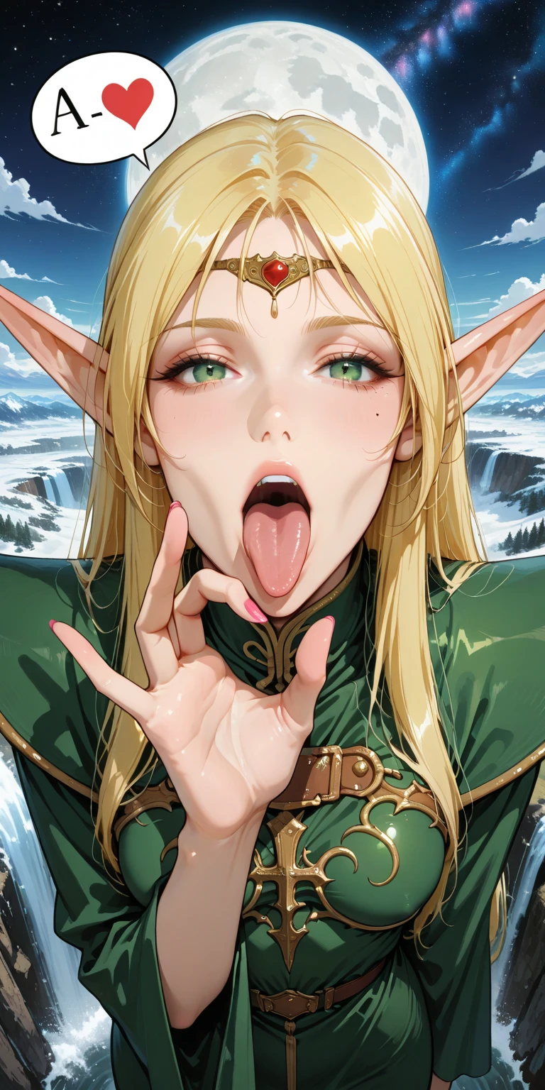 score_8_up, score_7_up, anime screenshot, looking at viewer, grass, upper body, uncensored, upper body, 1girl, pointy ears, light freckles, orange eyes, BREAK huge penis, erection, penis on face, licking penis, tongue out, open mouth, looking at viewer, hand on another's head, cumdrip, cum string, saliva trail, saliva on penis, facial,