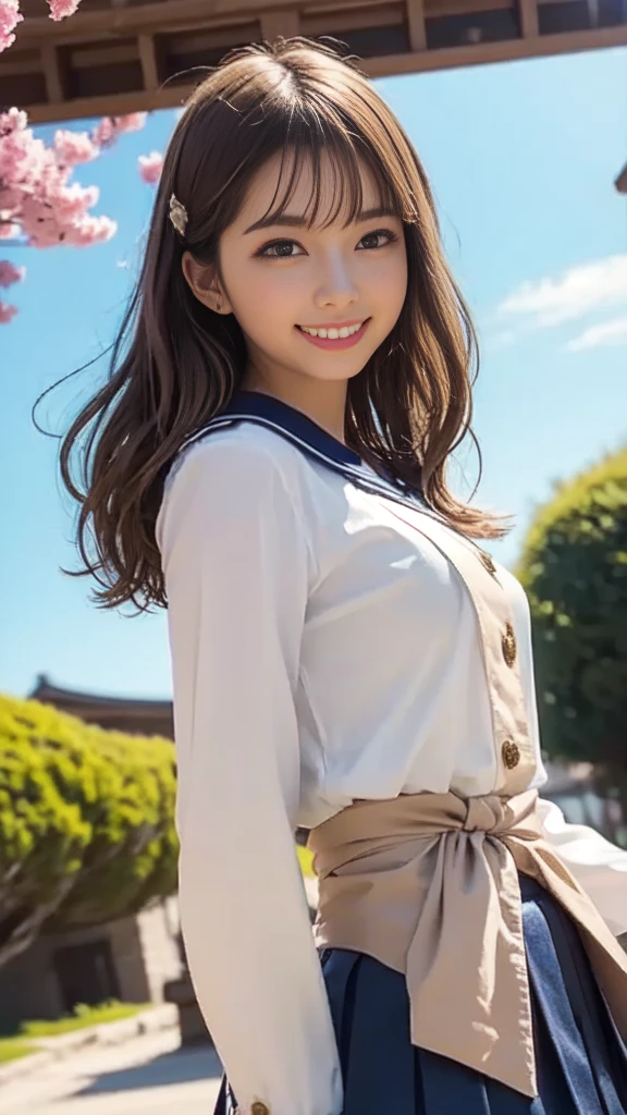 highest quality, figure, Ultra-detailed, finely, High resolution, 8K Wallpaper, 完璧なダイナミックな構figure, ((Sexy pose)), Beautiful Skin, (Big Eyes), 20 year old beautiful girl, Natural color lip, Mid chest, smile, Highly detailed face and skin texture, Detailed eyes, Double eyelid,leaking teeth and laughing, close-up, Black medium hair, (Striped suit), (blouse:1.2), Seaside