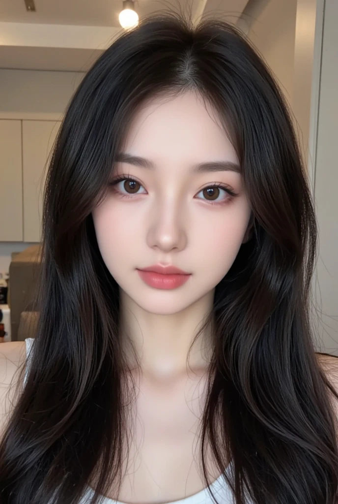 (Highest quality, high resolution, Masterpiece :1.3), A tall and beautiful woman., Thin belly, long straight black hair,22 years old, Japanese,big breasts, Wear a pendant, Modern architecture, white satin fabric as background.), It accurately depicts details such as faces and skin., Big eyes, Double eyelids,I can see the whole body.,shy face