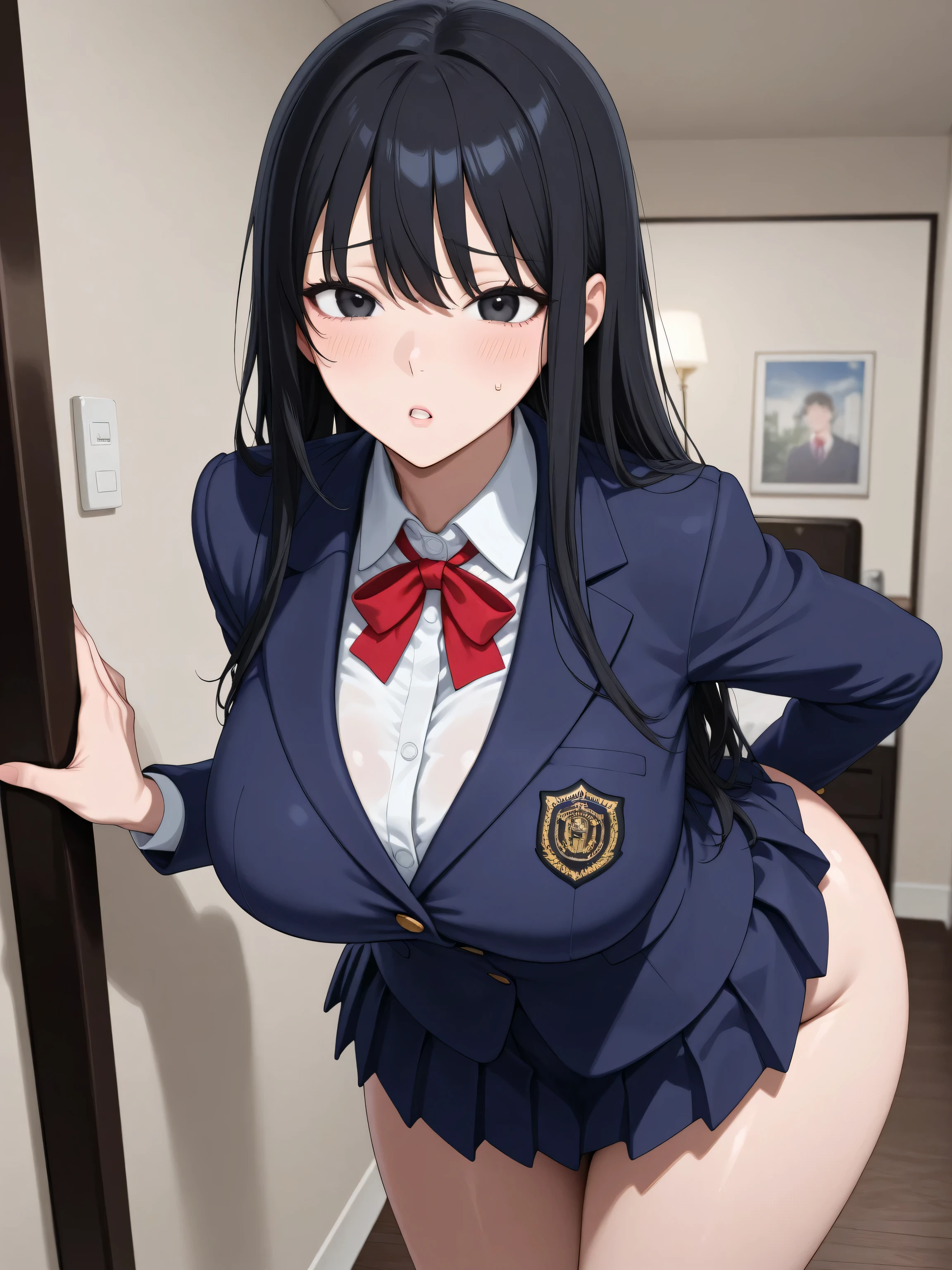 stand facing the front、look at the girl from the front、Does not show buttocks 、wear a skirt、and holds the skirt with her hand、A room in a hotel、long black hair、high school girl、navy blue blazer、red ribbon tie、big butt、Big Breasts、puzzled expression、イキ顔、ahe face、best image quality