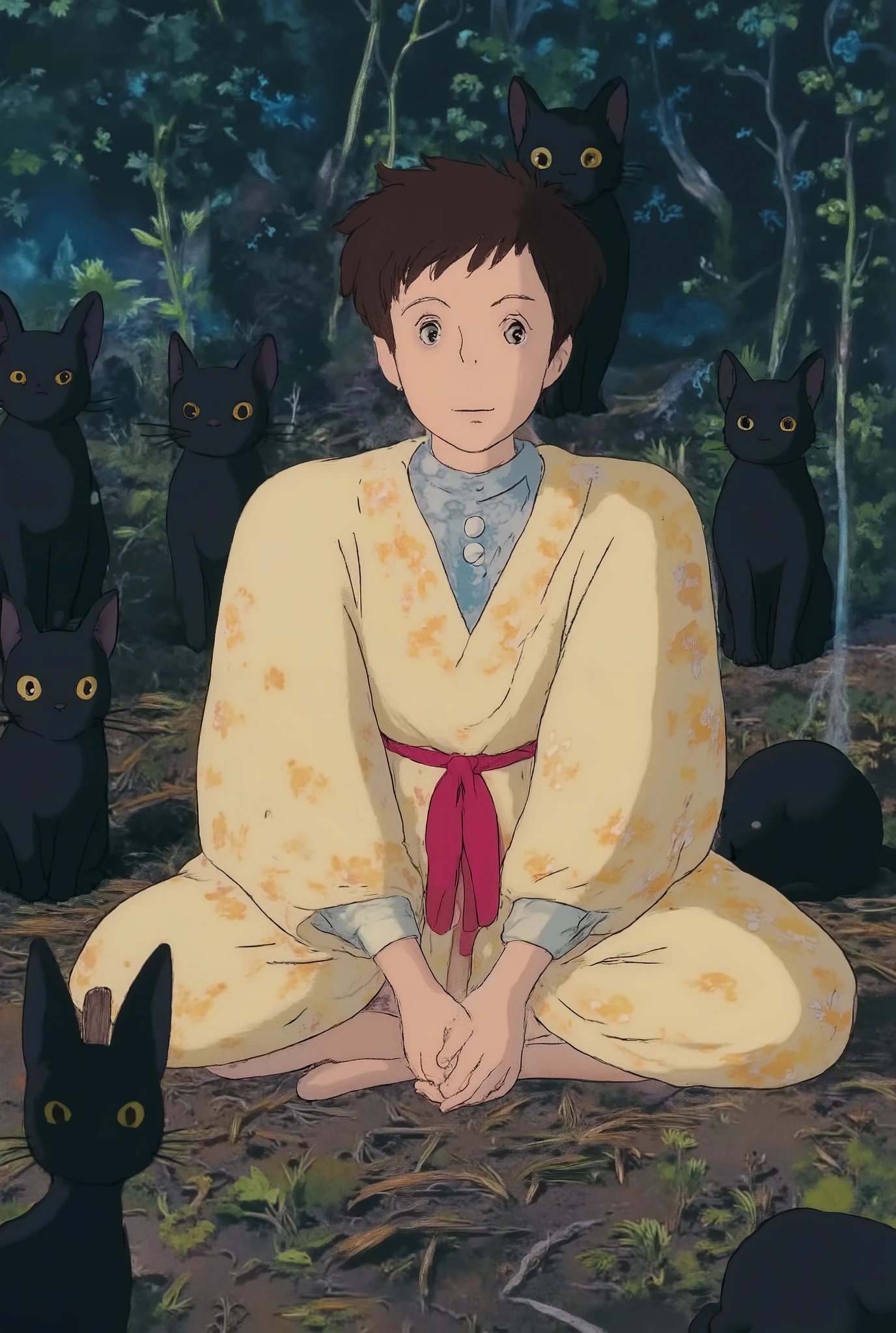 A mysterious and ethereal scene of a beautiful young wizard seated in the middle of a moonlit glade, surrounded by a circle of sleek black cats with piercing golden eyes. The wizard is adorned in a deep yellow with picton blue turttleneck inside, intricately embroidered robe that glows subtly in the dim light, complementing the mystical atmosphere. Her hair is elegantly tied back, and her expression is serene yet powerful, as if in silent communion with the cats. The ground is covered in straw, blending into the foggy surroundings, and the air is thick with an enigmatic, magical tension. A faint blue mist swirls around her, enhancing the sense of enchantment and otherworldliness. 10 distand composition images