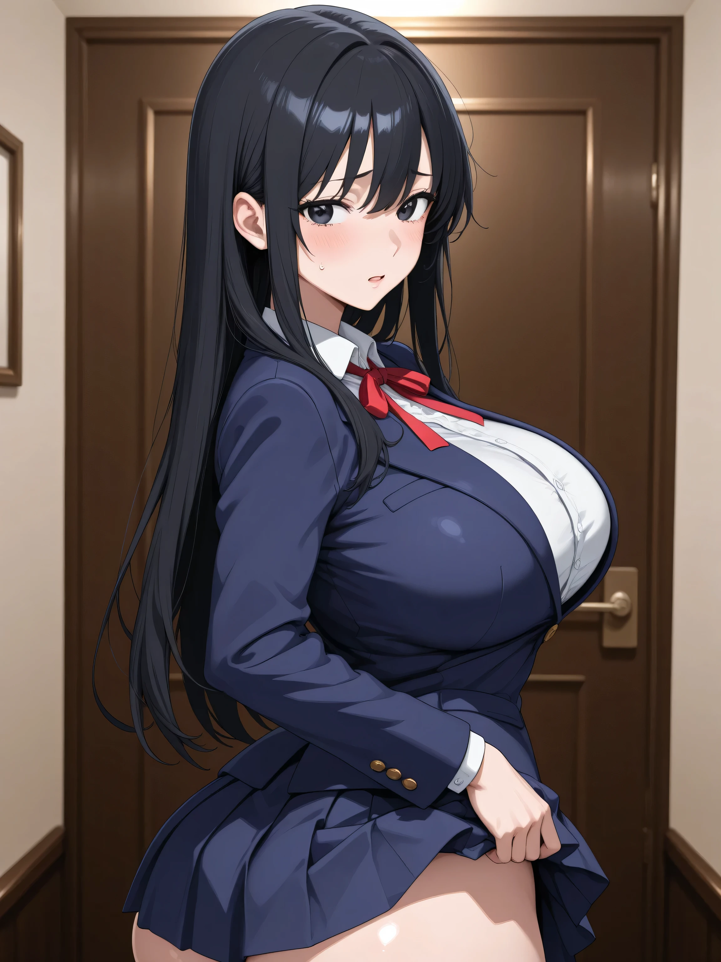 stand facing the front、look at the girl from the front、Does not show buttocks 、wear a skirt、and holds the skirt with her hand、A room in a hotel、long black hair、high school girl、navy blue blazer、red ribbon tie、big butt、Big Breasts、puzzled expression、イキ顔、ahe face、best image quality