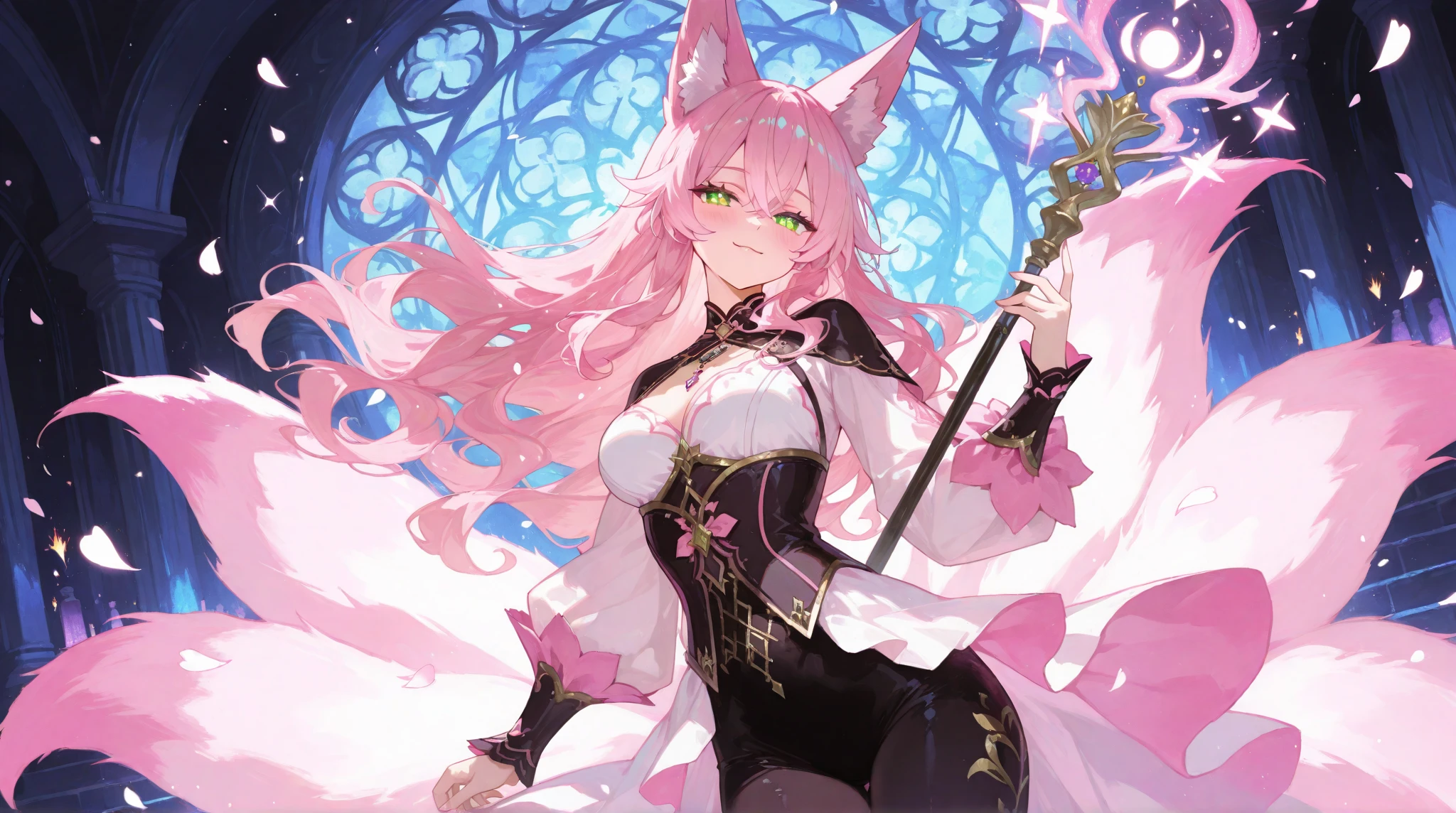 masterpiece, best quality, 1girl, teenager, female focus, solo, pink hair, long hair, vibrant pink eyes, looking at viewer, closed mouth, Fantasy aesthetics, Highly detailed, shadowverse style, full body, white attire, fox ear, fox tail