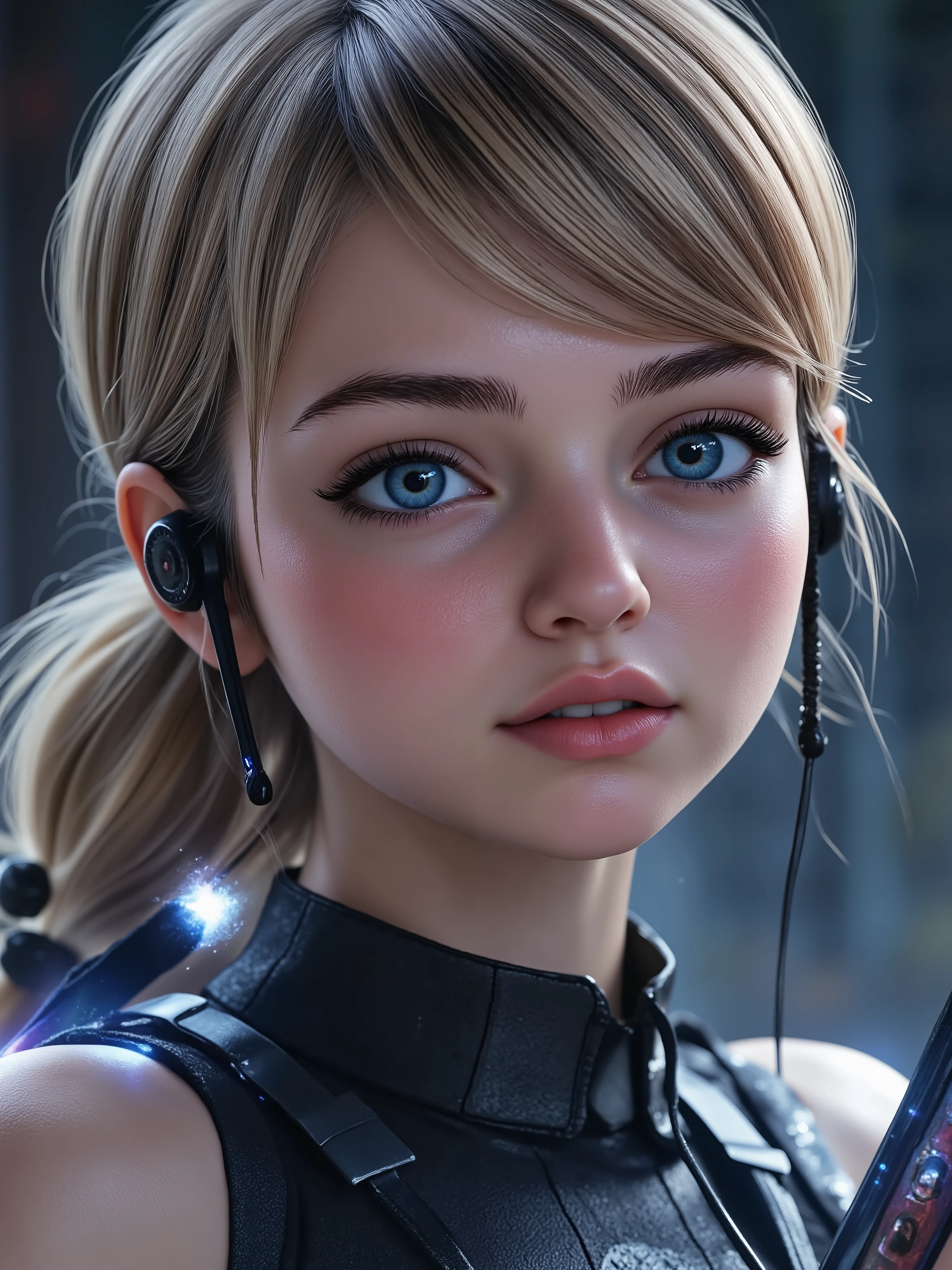 A stunning pretty young lady,  blonde hair, a cyberpunk warrior, thunder Blue eyes, high tech warrior, glowing blue fire eyes, longer hair, pony tail, with glowing rifle with blade, gorgeous lady, full body image, glowing tattoos in her skin, glowing skin, Photorealistic, UHD, hyper realistic, high tech goggles on her headset,