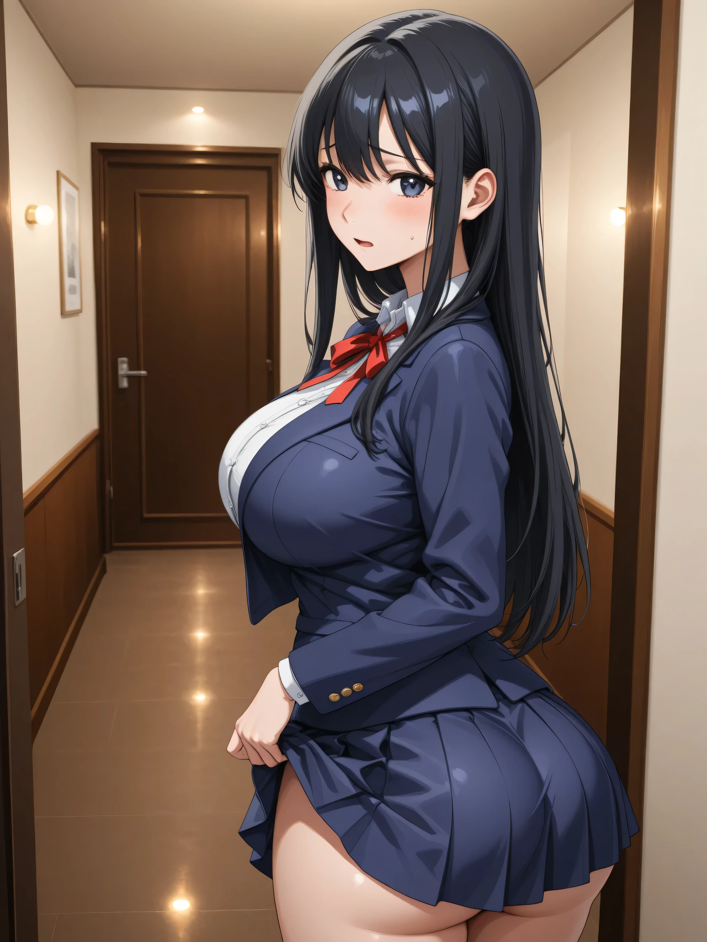 (Take a picture of the girl in front:1.tand facing the front、look at the girl from the front、Does not show buttocks 、wear a skirt、and holds the skirt with her hand、A room in a hotel、long black hair、high school girl、navy blue blazer、red ribbon tie、big butt、Big Breasts、puzzled expression、イキ顔、ahe face、best image quality