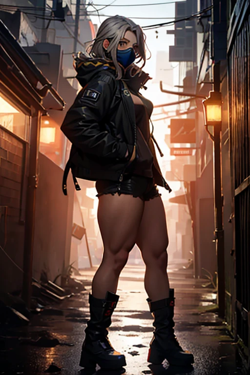 ((masterpiece, highest quality, Highest image quality, High resolution, photorealistic, Raw photo, 8K)), ((Extremely detailed CG unified 8k wallpaper)), Late night convenience store, a young girl stands outside. She wears a beanie hat and rain coat. cleavage, bare stomach She looks sad. Pretty, Beautiful, young, 14 year old, short brunette. thin, thigh high red fishnet stockings, adidas samba style sneakers. Seen from above looking down a set of iron stairs, menace, threat, dark, night, red and blue neon light reflects off street