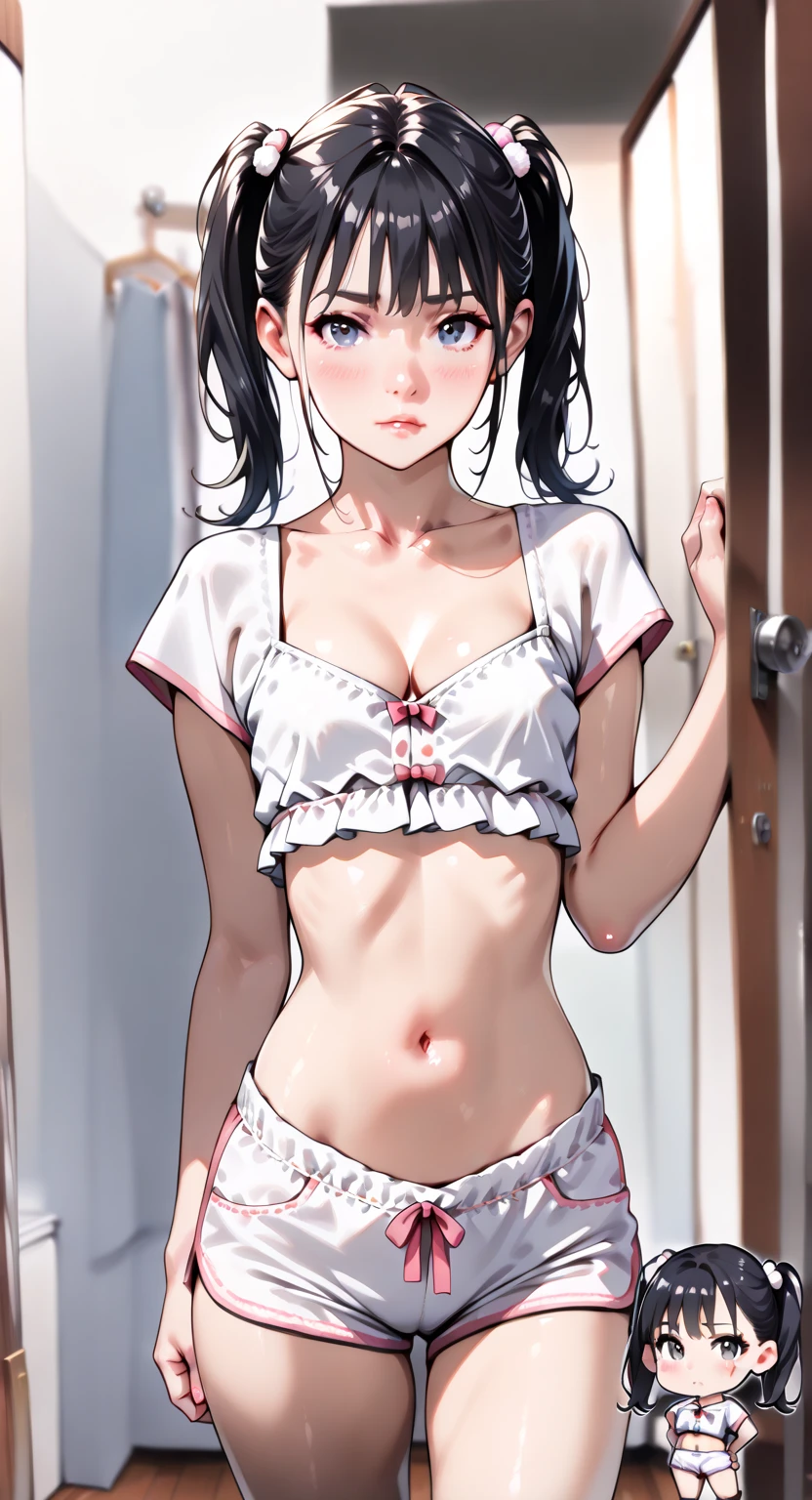 (Soft saturation:1.3)、(Light skin:1.2)、(非常にDetailed Background、Detailed Background)、The composition is symmetrical、Staring straight at me with serious eyes、White underwear、Strong light、(teenager:1.3)、(Cowboy Shot:1.2)、Frontal break angle、Dynamic Pose、、Illuminated by the setting sun、Typical Mediterranean house interior、In her late teens with red eyes and black hair、Bust 84cm、Waist 57cm、Beautiful girl with 83cm hips