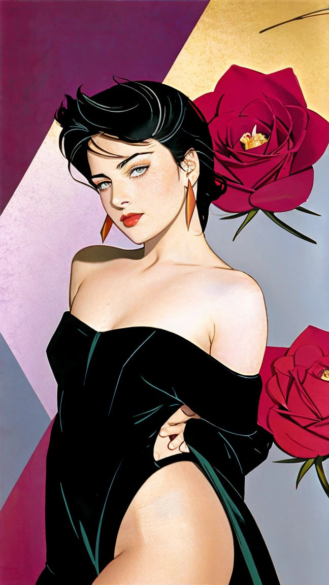 <lora:ptr1cknagel_v1:0.9>, (masterpiece art:1.1), (best quality), a woman with a strapless dress and lipstick, in a retro background, in the art style by Patrick Nagel, Beautiful, highly detailed painting, (highly detailed ink lines), (Detailed Face), (Detailed Eyes:1.1), (perfect body), modelshoot, Professional Photography, official art, synthwave, androgynous, 8k, HD, high quality,  award winning,