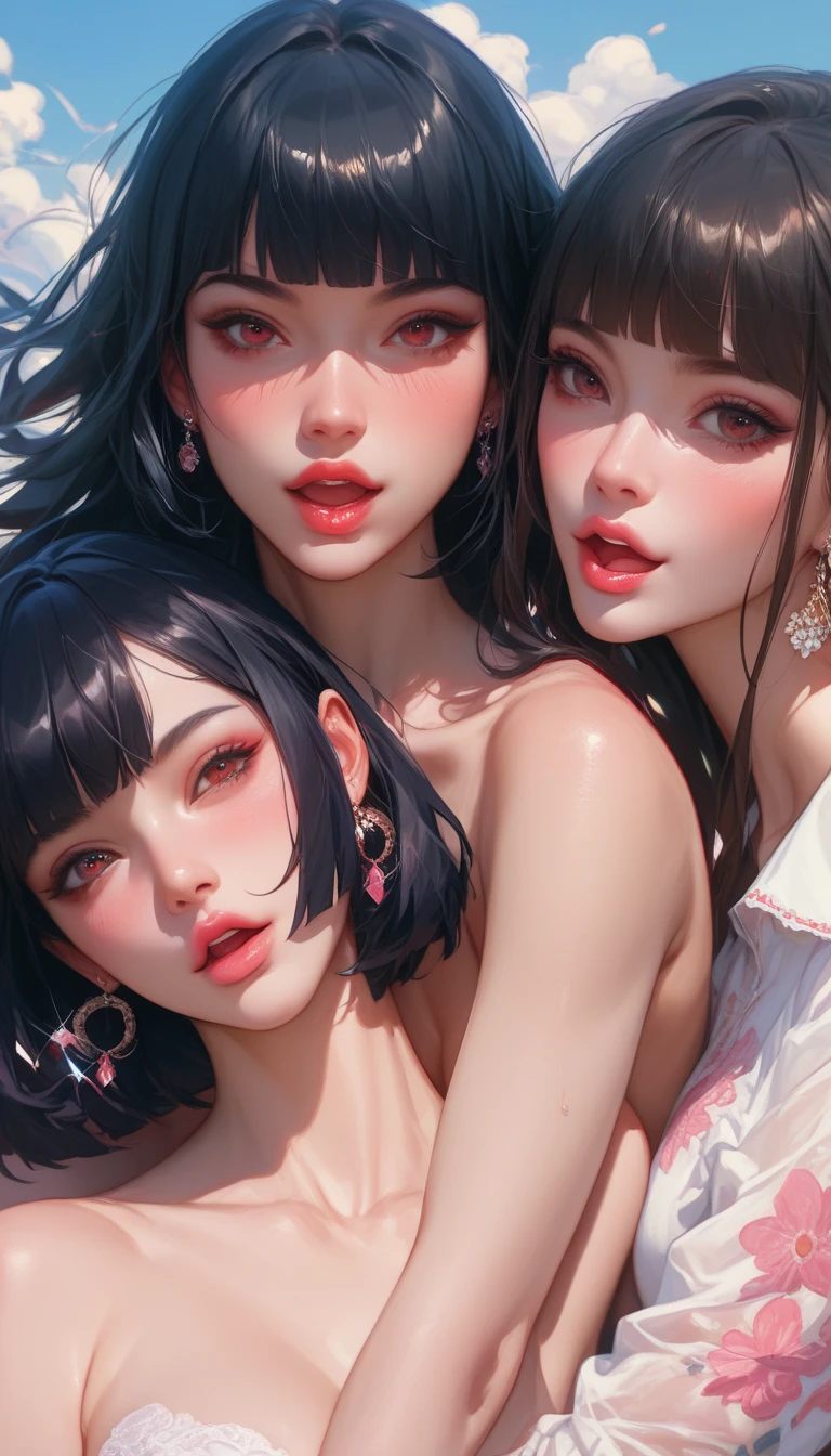 (((3heads:1.5)), (high-level image quality、high-detail、hightquality、hight resolution、Draw everything in high resolution)、Intense crystal light blue eyes、耳Nipple Ring、Look firmly at the camera、Put your ears out、Beautiful short black hair、Beautiful very short beautiful hair with bangs、beautiful decollete、Beautiful 28 years old、lipgloss、long neck、Happy smile、Beautiful teeth alignment、Beautiful teeth、Beautie、Pretty Woman、touch the lower lip with the index finger of the right hand,:2.0、Complete and perfect finger depiction