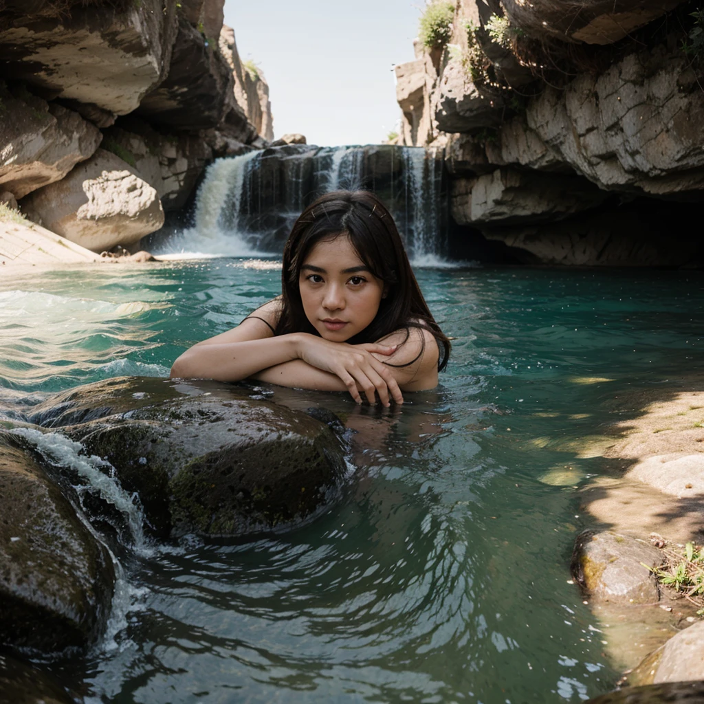Person meditating naked under a coastal waterfall