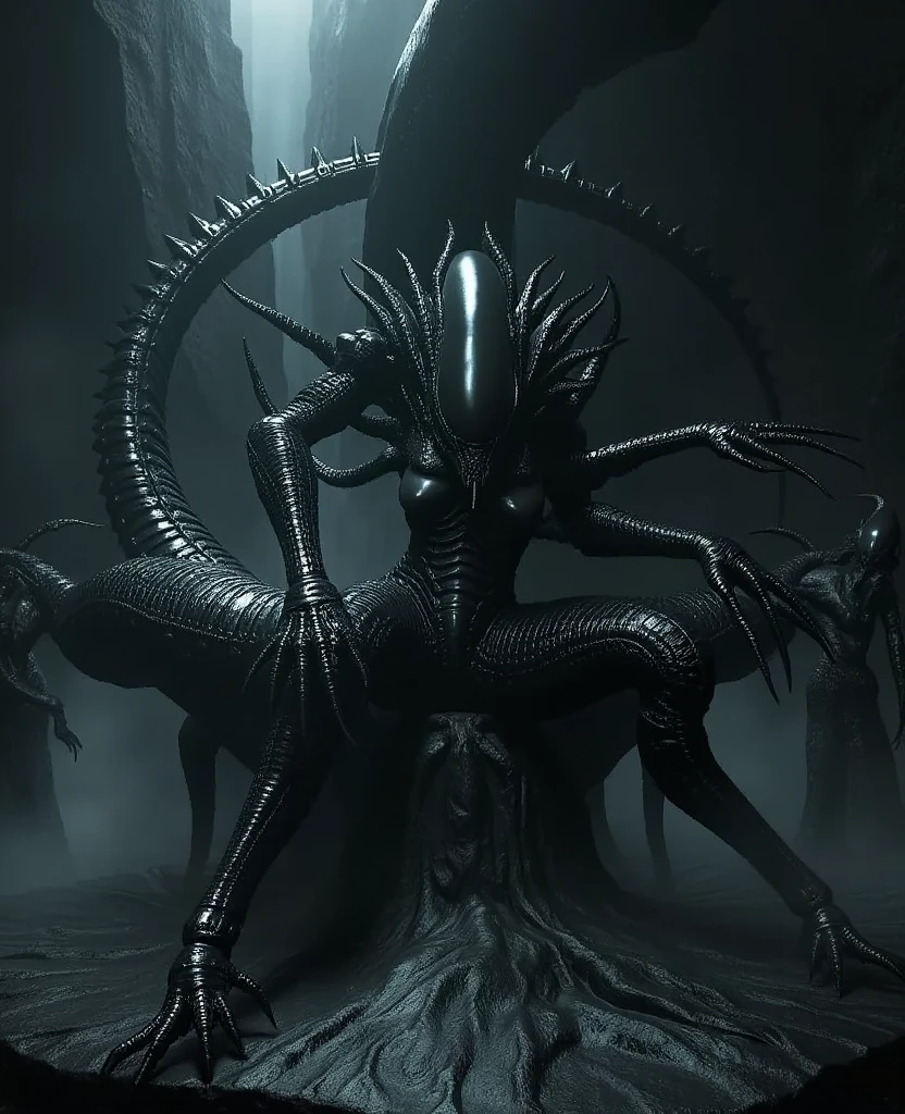 HD,sharp,Beautiful and detailed,Woman ,((xenomorph)),Alien,creature,monster girl,1girl,Super glossy skin, wide hips, Huge ass, Blushing,Married Woman,A MILF,Lighting Cinematic, Seductress, (huge-breasted), full-body view,1girl in, Solo, (thick thighs:0.3), Curve,in a spaceship, opening legs,Squatting,nude,by Ross Tran, by Ruan Jia, by zaush, by foxovh,MuCoi