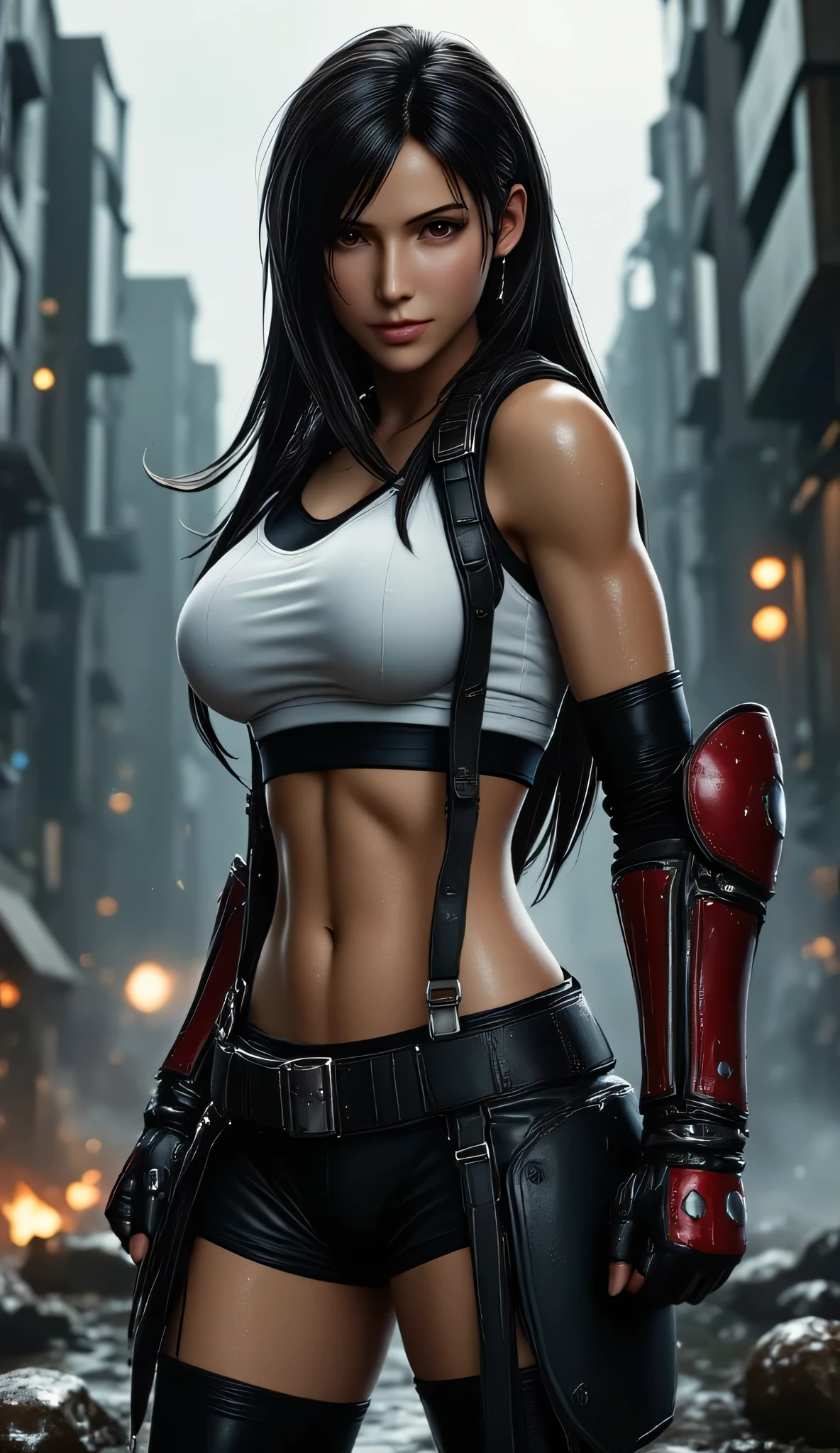 A hyper-realistic portrait of Tifa Lockhart from Final Fantasy VII, standing in a battle-ready stance. She is wearing her iconic black and white combat outfit with red gloves and boots, slightly modernized with tactical textures and subtle armor details. Her long dark hair flows naturally, with a determined expression on her face. The background is a gritty urban battlefield, with smoke, debris, and a dim, overcast sky. Dramatic lighting highlights her toned physique and focused eyes, capturing the intensity and realism of a live-action cinematic moment.