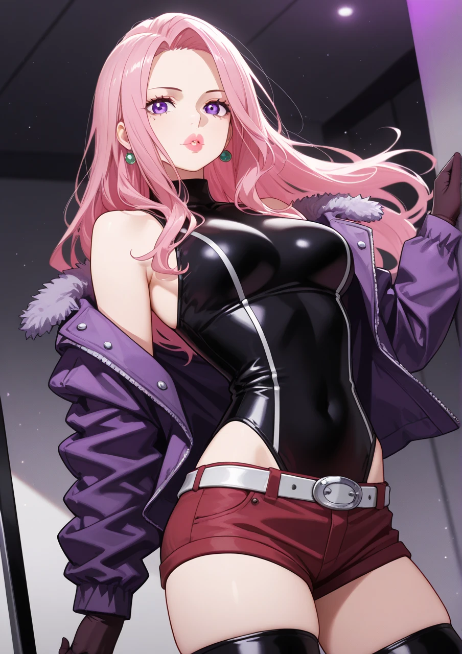 1girl, Tenebria, (pink hair), evil, blush, lipstick, long hair, pink hair, medium breast, crazy eyes , outdoors, rooftop, cityscape, building, railing, night, night sky, scenery, city lights, fur trim, mature female, gloves, fur-trimmed coat,
masterpiece, best quality, highly detailed, a girls with a gun, open mouth, blazer, sexy gaze, (nsfw) not
safe for work, badass pose , evil smile, smile, black bra, anime girl with long hair, long haired girl,
navel, evil expression, exposed belly, exposed navel, exposed midriff, exposed lower belly, micro
miniskirt, micro pencil skirt, pencil skirt ,holding a guny, navel piercing