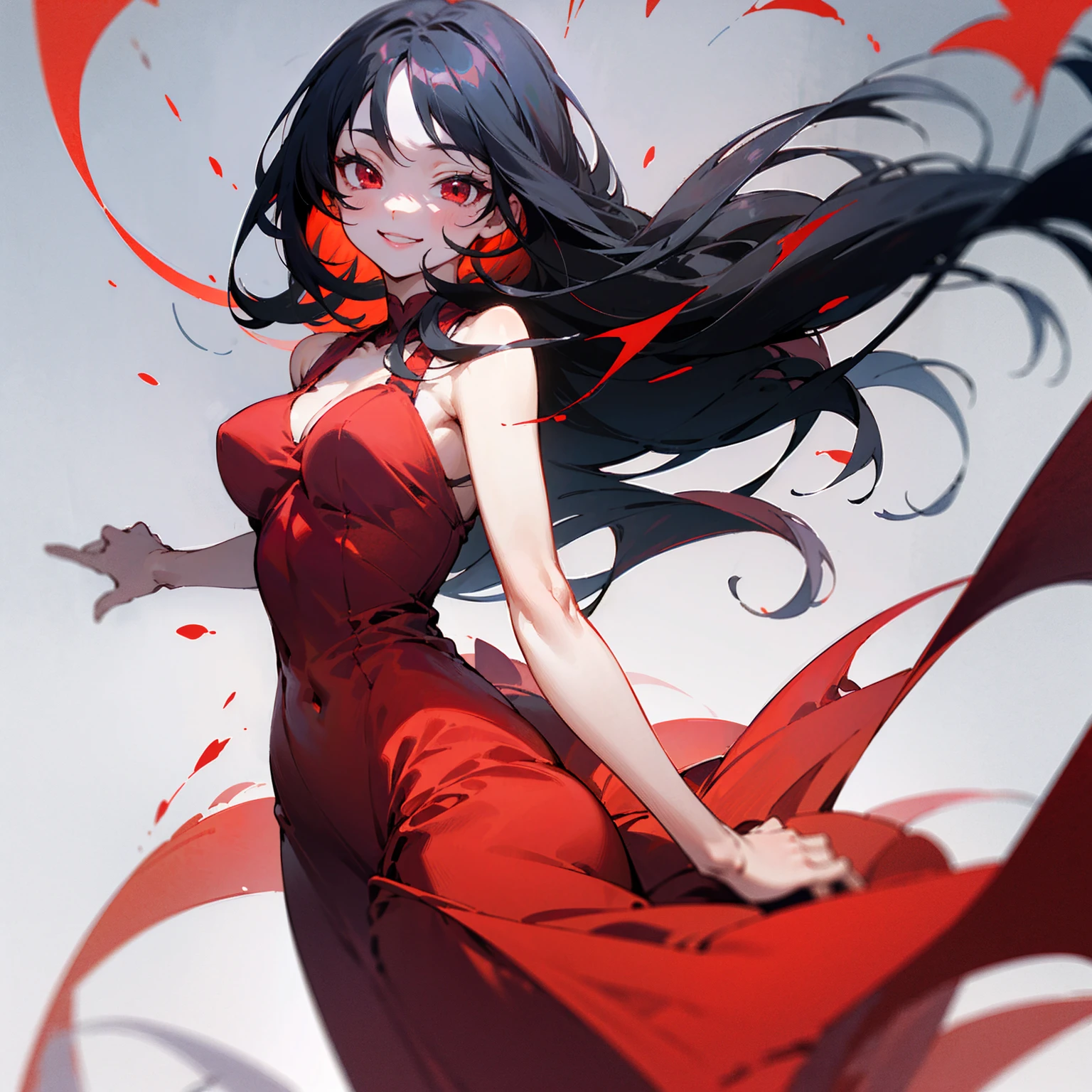 an anime woman, that she is very pretty, with crimson red eyes that have an intense shine, silky long black hair, let it be pale, but macabre that looks like a psychopath but has class in a crimson red dress