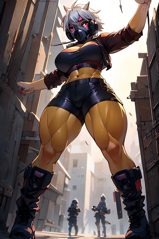 Wide angle shot, full body image, beautiful female street fighter, wearing large glasses, black undercut hair, wearing large steel knuckles