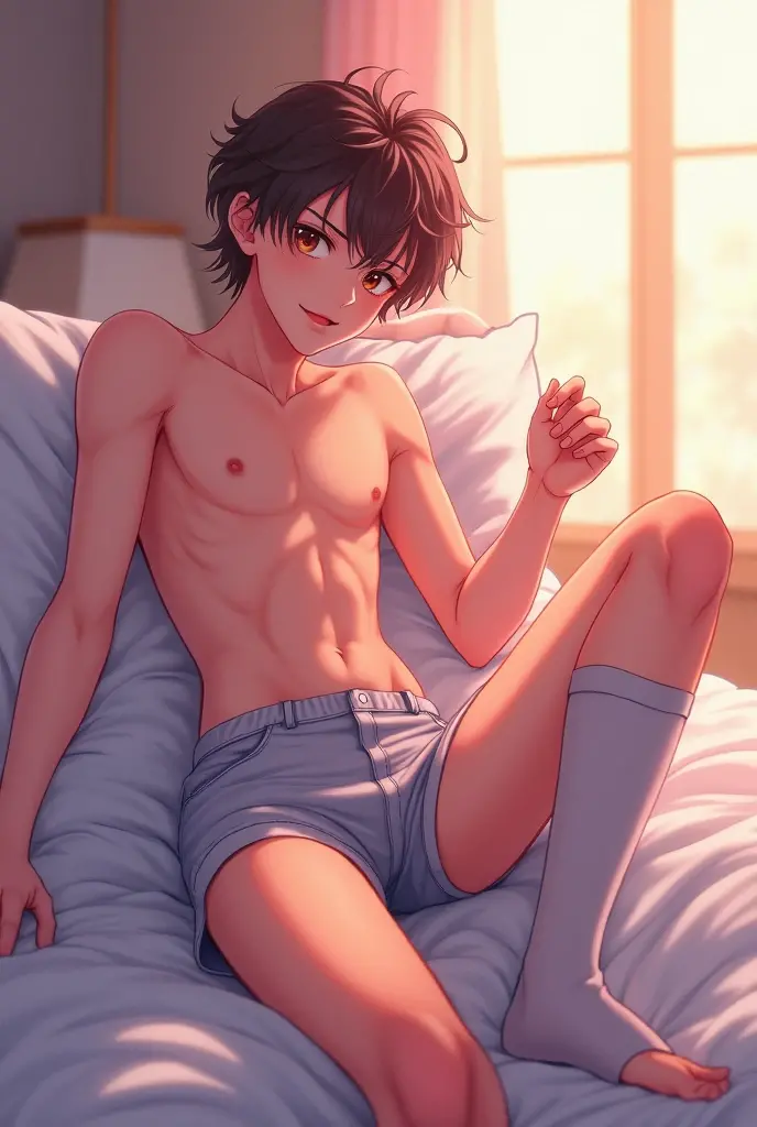 Masterpiece, best quality, high quality, one boy, has short brown hair, Blue eyes, beautiful eyes, wears blue jeans pants, has muscular belly, upper body, laying on the bed, shy smile, in the bedroom, the lamp is light
