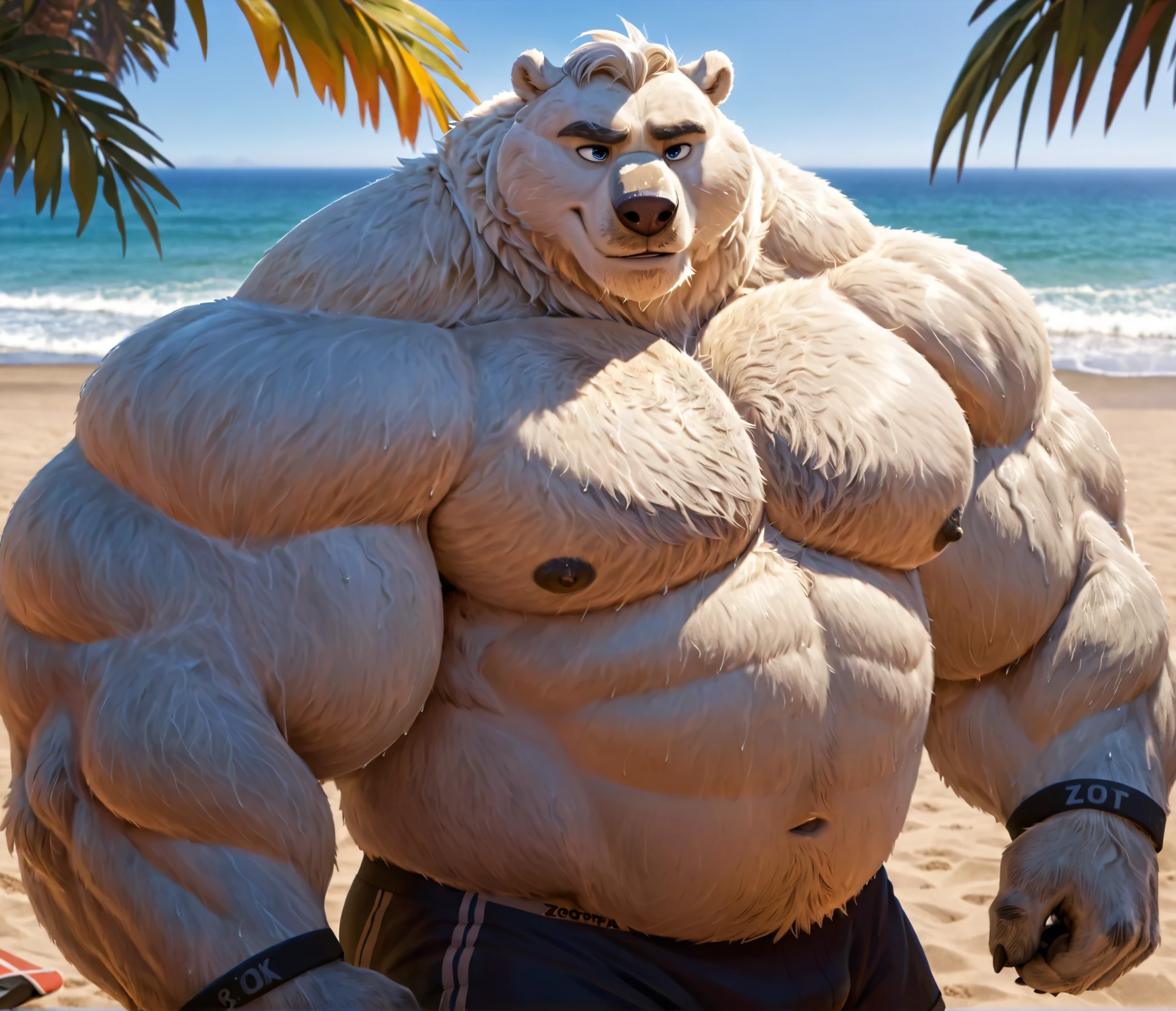 huge bulked up muscular polar bear in Californian beach, big grunting noise, big bulked up flexing body, polar bear, huge white fur, thick arm, huge arm, added gray mustache, added gray beard, short white hair, weight: 440lbs, (veiny bulked up muscular, pectoral, wide pectoral, thick bulky arms), Zootopia, 8k, masterpiece, detailed gray eyebrows, detailed blue eyes with blue pupils, (wearing black short trunks, wristbands, shirtless, topless, half naked and feet), flexing. Seeing how strong he is. Back arched. Shoulders up, roll forward. Elbows out. Forearms at a 30 degree bend.