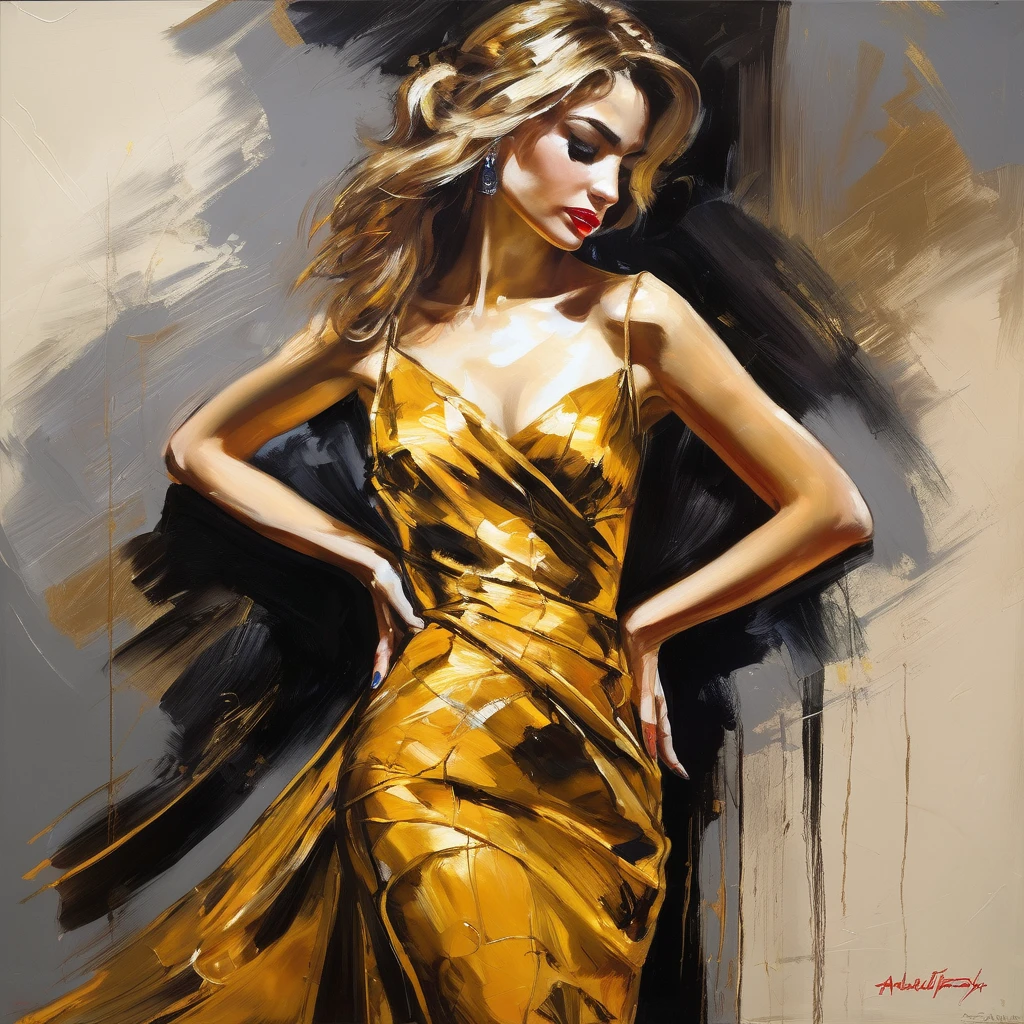 Jeremy Mann. (Model with stunning dress painting) masterpiece. Impasto oil painting, textured. Saturated deep colors. High contrast. Detail. Multi-layered image with cellular shadows. Beautiful Model, Perfect Nature, golden ratio, award winning, highly detailed, centered, drawn, complex, volumetric lighting, beautiful, masterpiece, depth of field, perfect composition, high resolution 8K, palette knife and brush strokes, Artistic style Ivan Slavinsky artist. (woman Figure painting) masterpiece. Full body of beautiful woman in dress. Dance, Extravagant fashion. Impasto oil painting, textured. Saturated deep colors. High contrast. Detail. Multi-layered image with cellular shadows. Beautiful face, Perfect anatomy, golden ratio, award-winning, highly detailed, centered, drawn, complex, volumetric lighting, beautiful, masterpiece, depth of field, perfect composition, high resolution 8K, palette knife and brush strokes,