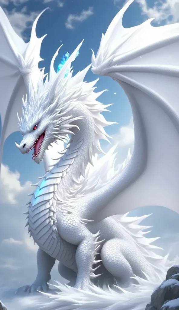 crystalline white dragon with soft and friendly features 