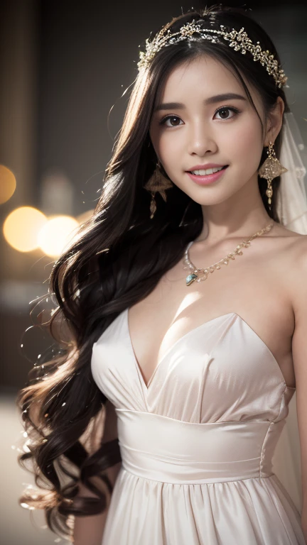 best quality, masterpiece, table shots, 1girl, Javanese white bridal kebaya, long straight hair, blue black hair, jasmine ornament on hair, lux necklace, glamorous jewelry, Blushy face, upon_body, tyndall effect, photorealistic, ample cleavage, puffed breasts, bright big breast, sun-tanned lighting,(high detailed skin:1.2), close up, 8k uhd, dslr, RAW photography, high quality, high resolution, 8k, outdoor background