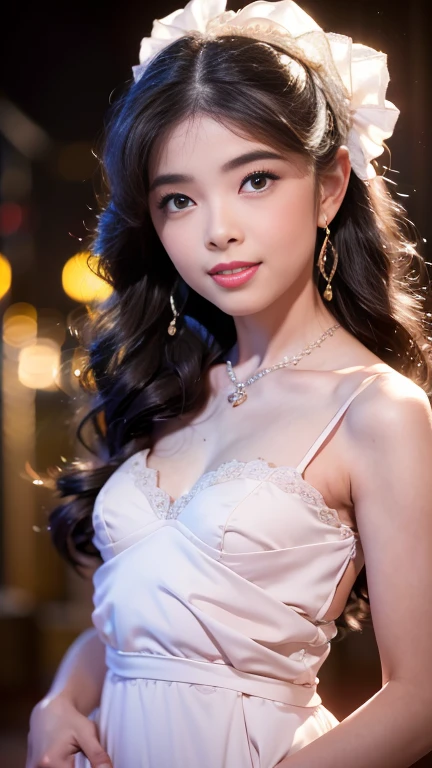 Beautiful, cute baby Face, 17 Years old Girl, blue eyes, high ponytail hair, black hair, hair ornaments, wearing sexy pink mini kebaya dress, micro skirt, Rounded medium Breast, cleavage cutout, luxury necklace, White Skin, Smiling, bedroom Background, full body portrait, high heels, Perfect Potrait, Bokeh Effect, Look at Viewer, Armpit, Perfect Eye, Perfect Hand, Perfect Finger, Bracelet, Ring, ((adorable:1.2)), ((masterpiece:1.1)), ((bokeh:1.2)),
