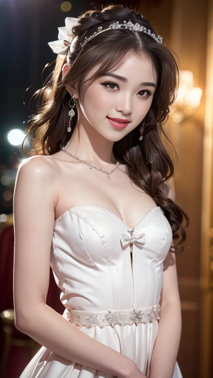 ((On the table:1.4, best quality)), (Realistic pictures:1.4), 
((1 girl)), 
(超high resolution:1.2), Very delicate and beautiful, wonderful, 
Highly detailed CG Unity 8k wallpaper, Very detailed, high resolution, Soft Light, 
Beautiful and delicate girl, Rich details on the eyes and face, Beautifully detailed nose, Beautiful and delicate eyes, 
(Dress up:1.4),
light, Perfect anatomical structure, slim body, Slimming breasts,
(夜晚light璀璨的冰雪城堡前:1.3), (outdoor:1.3),
Cowboy shooting, Looking at the audience, Smile
