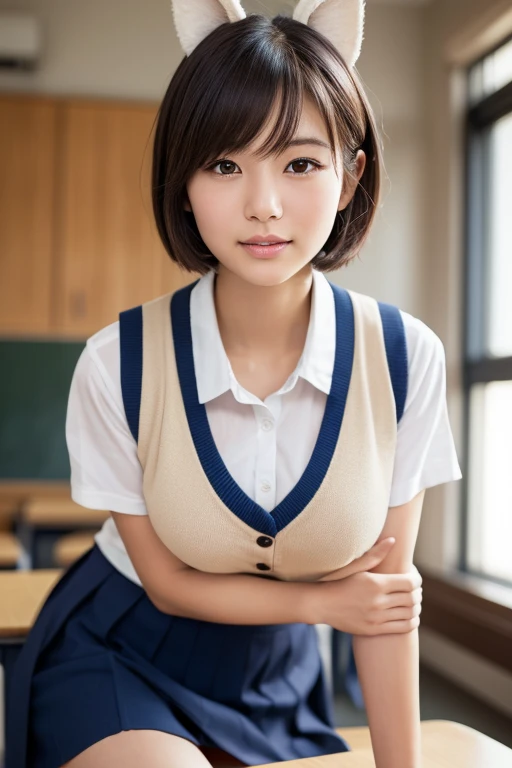 (masterpiece:1.2, highest quality), (realistic, photorealistic:1.4), beautiful illustrations, (natural side lighting, movie lighting), Depth of written boundary, 
looking at the viewer, Front view, 1 girl, English, high school girl, 20 years old, perfect face, Cute symmetrical face, shiny skin, open legs,
(bob hair:1.7,blonde), asymmetrical bangs, Big eyes, droopy eyes, long eyelashes chest), thin, 
beautiful hair, beautiful face, fine and beautiful eyes, beautiful clavicle, beautiful body, beautiful breasts, beautiful thighs, beautiful feet, beautiful fingers, 
((fine fabric texture, brown knit vest, short sleeve white collar shirt, navy pleated skirt, Navy bow tie)), 
(beautiful scenery), evening, (Inside the flower shop), Are standing, (smile, Upper grade, open your mouth),  (((skirt lift, white sexy panties, ???????? visible))), full body shot, dark blue socks, sexy face, inverted nipples,