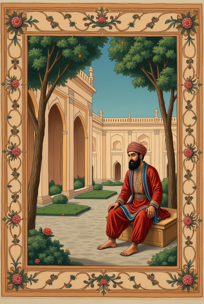 Flat 2d mughal miniature painting art style desaturated greens and blues.