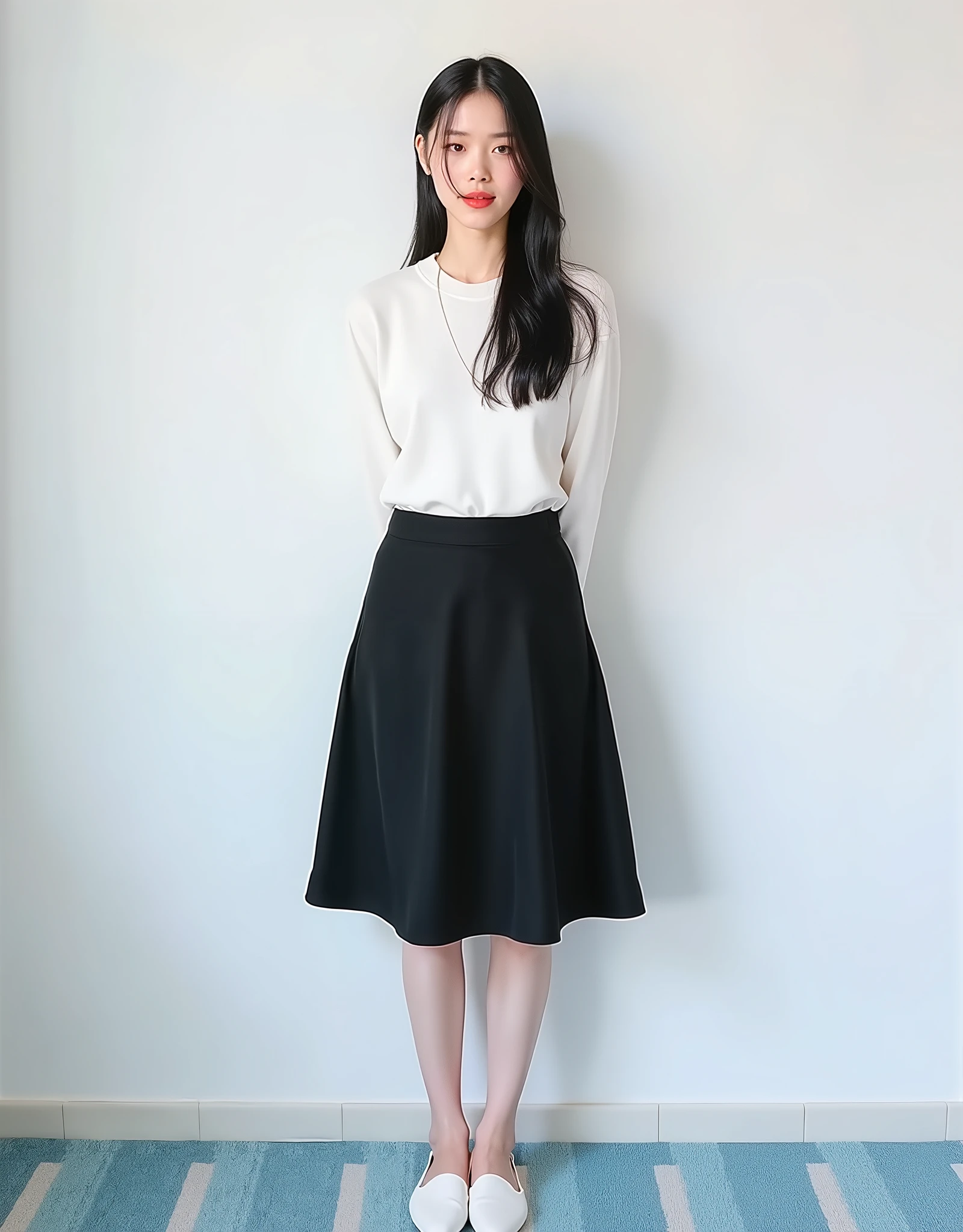 (RAW photo:1.2), (Photorealistic:1.4),Beautiful detailed woman, very detailed eyes and faces, A detailed eye, ultra - detailed,A high resolution, The is very detailed, best quality, real photo, unified,8k wallpaper, 1 girl, Alone, Autumn and winter outfits, Asian, Japanese, 153cm height girl, The background is blurred out, full body image, curvy girl, Exquisite beautiful face, deep eyes, A beautiful lady, best quality, Full-body portrait of a 25-year-old girl, slim girl, smiling, A beautiful lady, Asian, Japanese, long straight hair style, black long straight hair, Low height, standing in front of white wall in a empty room , light blue carpet, hand behind back, Wearing white sweater, Wearing a black suede fabric long circle flared skirt midi length, skirt is covered the legs,the skirt material is thick, white flat shoes, Whole body photo, full body wallpaper, well-lighted, High resolution, sharp photo, best quality, studio well lighted, natural white day light, realistic