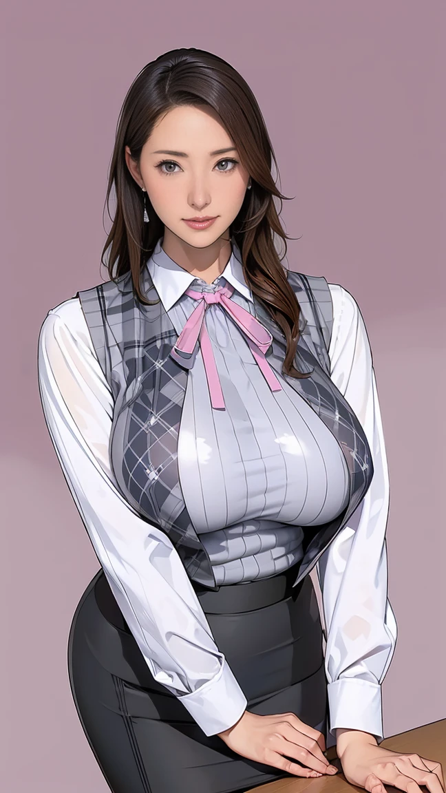 (（（Perfect body,White and tender skin,（（（blue sweater，cropped jacket，grey dress，high-waist skirt，）））,（（（Kobeni Higashiyama, black hair, hair ornament, hairclip,  ponytail, short hair, (brown eyes:1.5),）））,((masterpiece)),highres,((Best quality at best)),masterpiece,quality,Best quality,(（（ Exquisite facial features,Looking at the audience,There is light in the eyes,(（（frown，Wronged））），Look up）））,（（（Light and shadow,Huge breasts,）））,（（（Looking at the camera,White background)））)