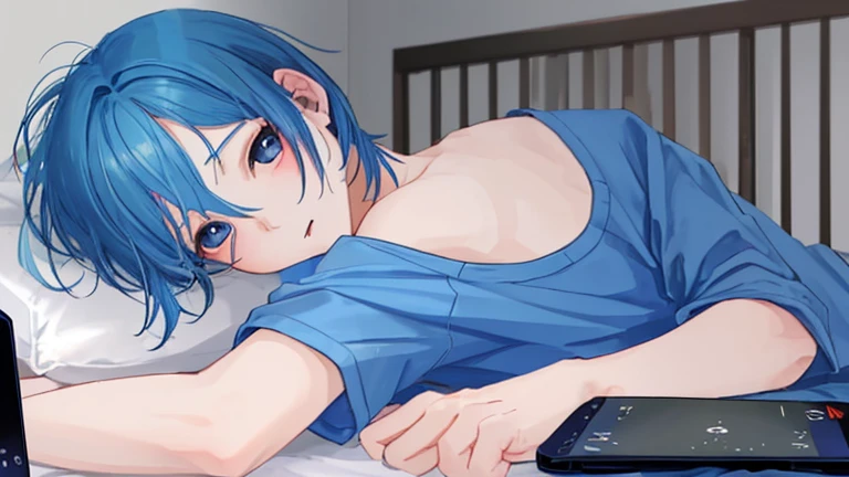 Two blue-haired girls,White skin,being thin,Yellow prison uniform,The 114514 th digit,Sitting barefoot on a prison bed,quadratic element,Shackles on your feet,White skin,Beautiful and moving,Lost eyes。