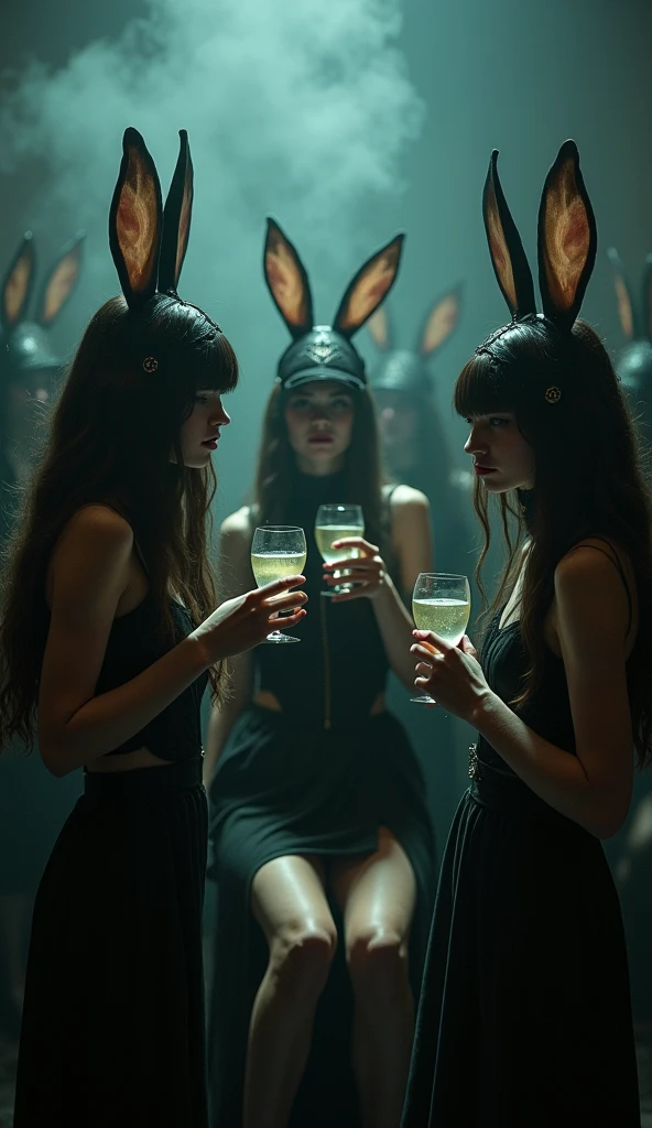 a luxurious massage salon, three women in black lingerie, looking towards the wall, fox ears, a buddha statue in the background, candles in the background, champagne bottles in the background, (best quality,4k,8k,highres,masterpiece:1.2),ultra-detailed,(realistic,photorealistic,photo-realistic:1.37),cinematic lighting,dramatic shadows,rich colors,intricate details,high-end fashion,seductive poses,elegant interior design,luxury aesthetic