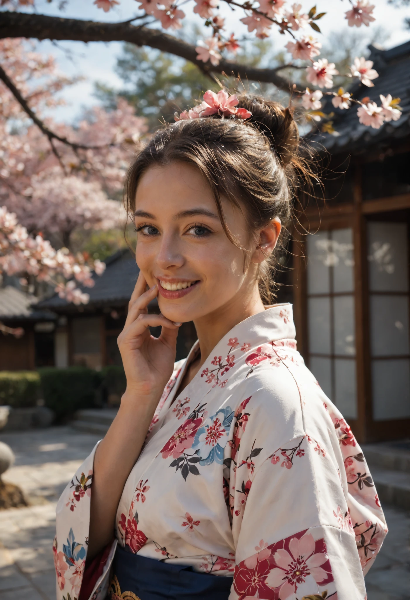 (masterpiece, better quality:1.2),  to throw, solo focus, upper body, a chic, hand on someone else's cheek, smile, pink hair, blue eyes, Japanese clothing, kimono, cherry blossom trees
