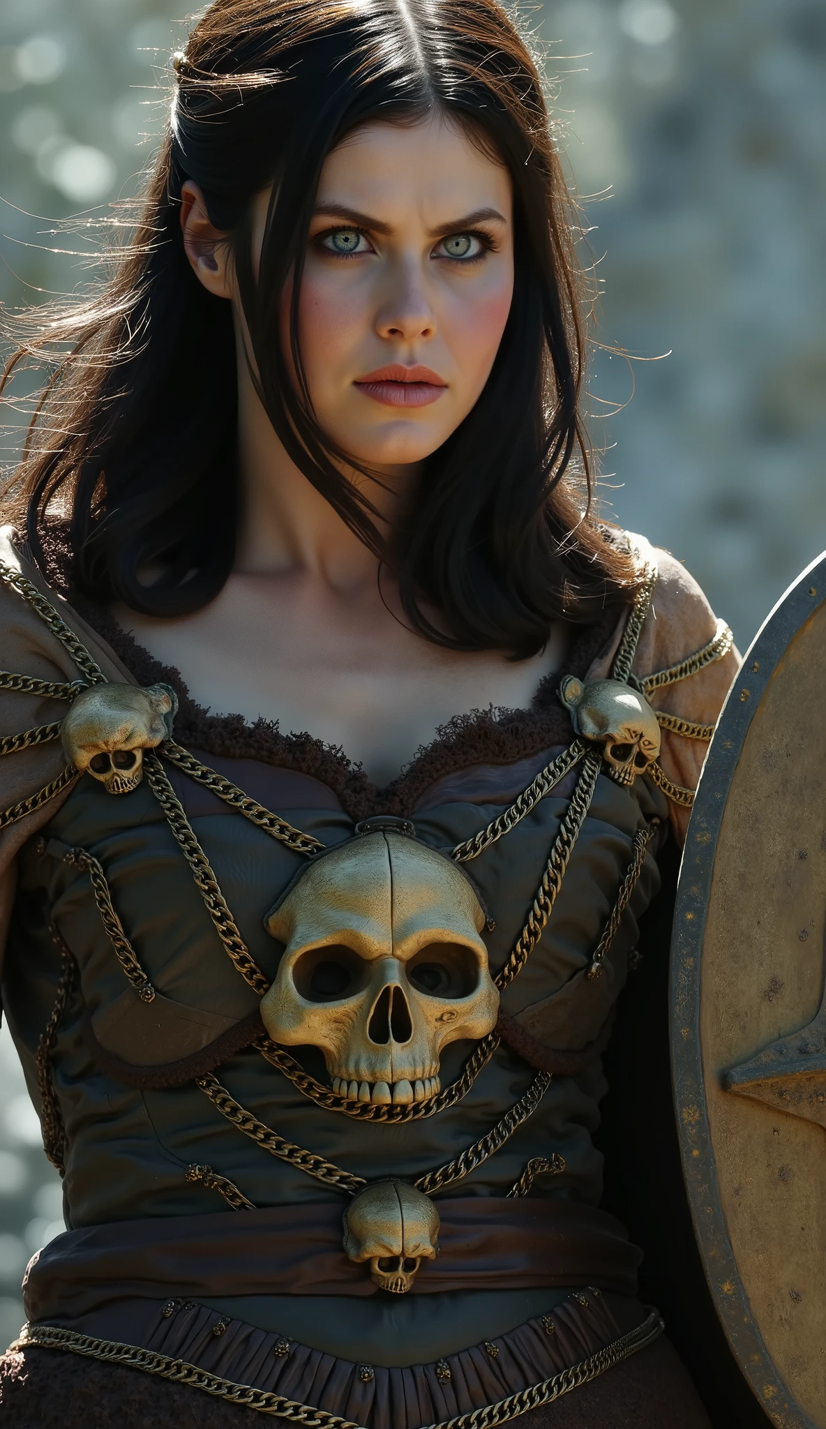 Gal Gadot as Viking, sword and shield adorned with skulls and chains a hyper realistic image close up upper body textures hyper-detailed textures the hyper realistic background of a city of skulls with textures in 8k
