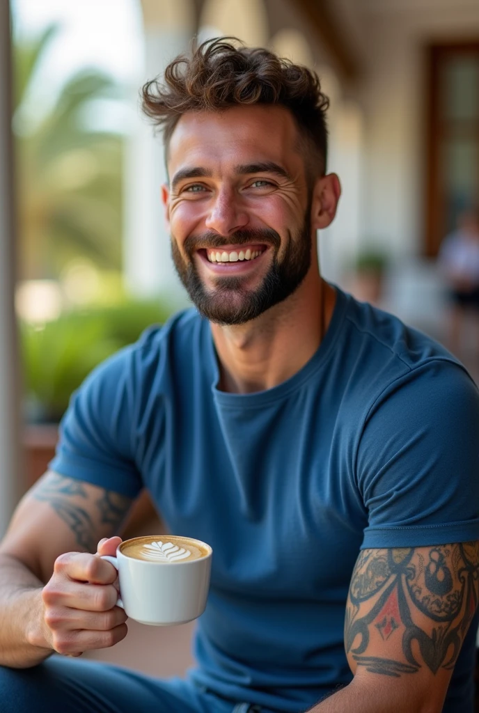 photorealistic, best quality, masterpiece, extremely detailed, very sexy, very homoerotic, extremely handsome, 30 year old muscular filipino man, full body tattoo, (muscular bodybuilder), (smiling), wearing only apron, holds out steaming cup of coffee towards camera, in kitchen, extremely romantic atmosphere, perfect face, perfect fingers, perfect hands, perfection